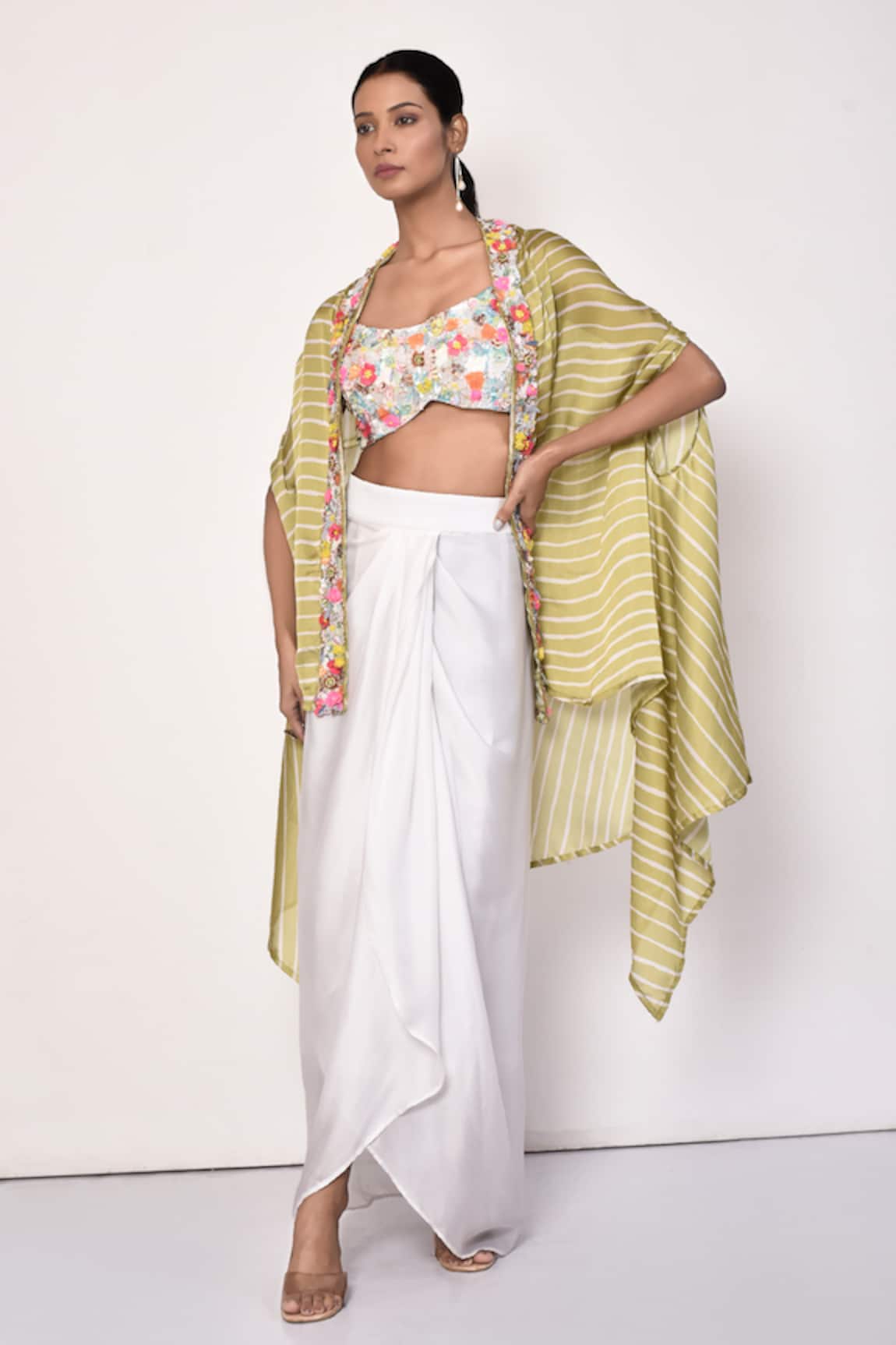 Naintara Bajaj Striped Shrug With Dhoti Skirt Set
