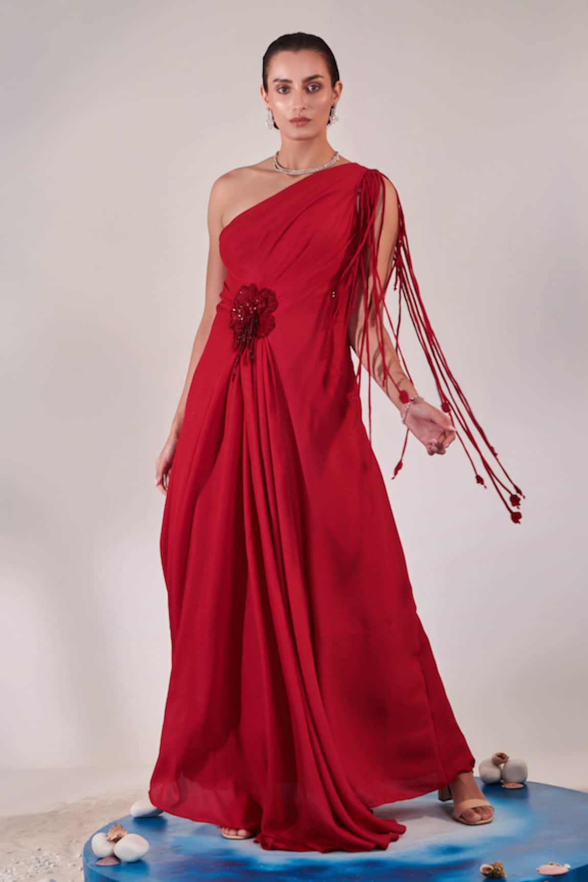One Knot One Floral Applique Draped Gown