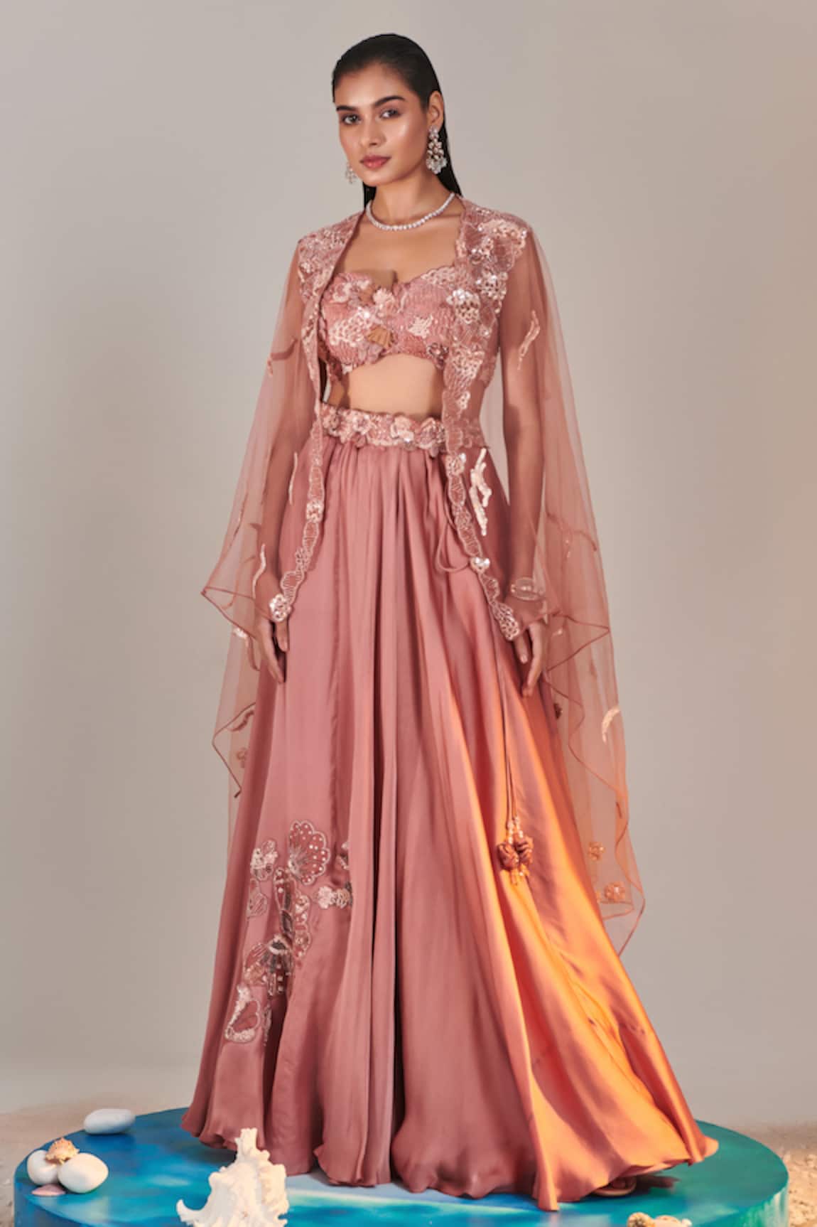 One Knot One Floral Sequin Embroidered Cape Lehenga Set