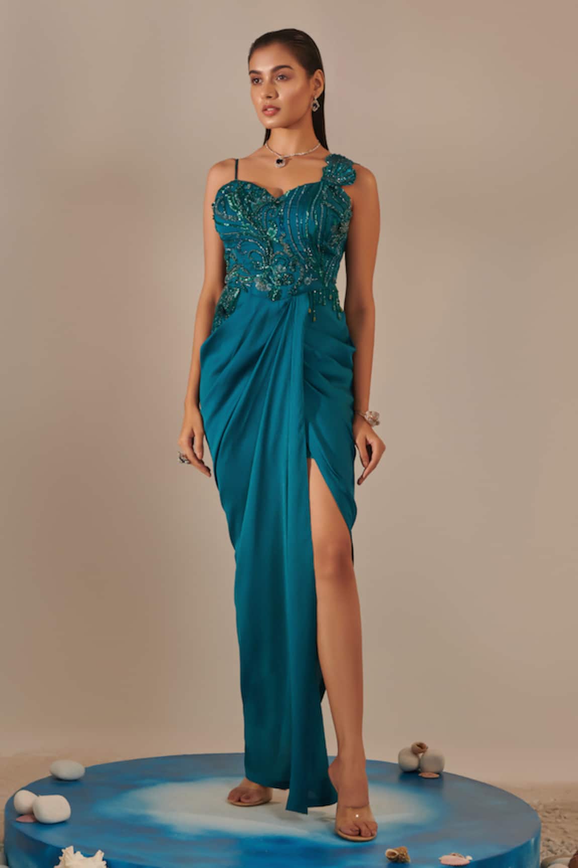 One Knot One Sequin Embellished Side Slit Gown