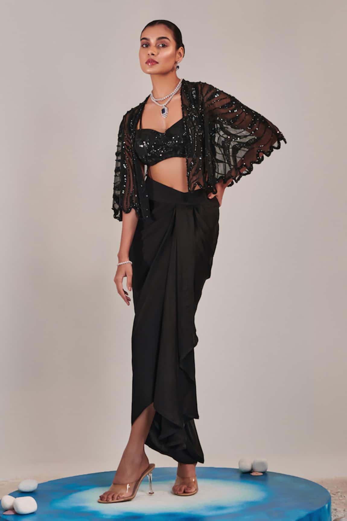 One Knot One Sequin Wave Embroidered Cape Draped Skirt Set