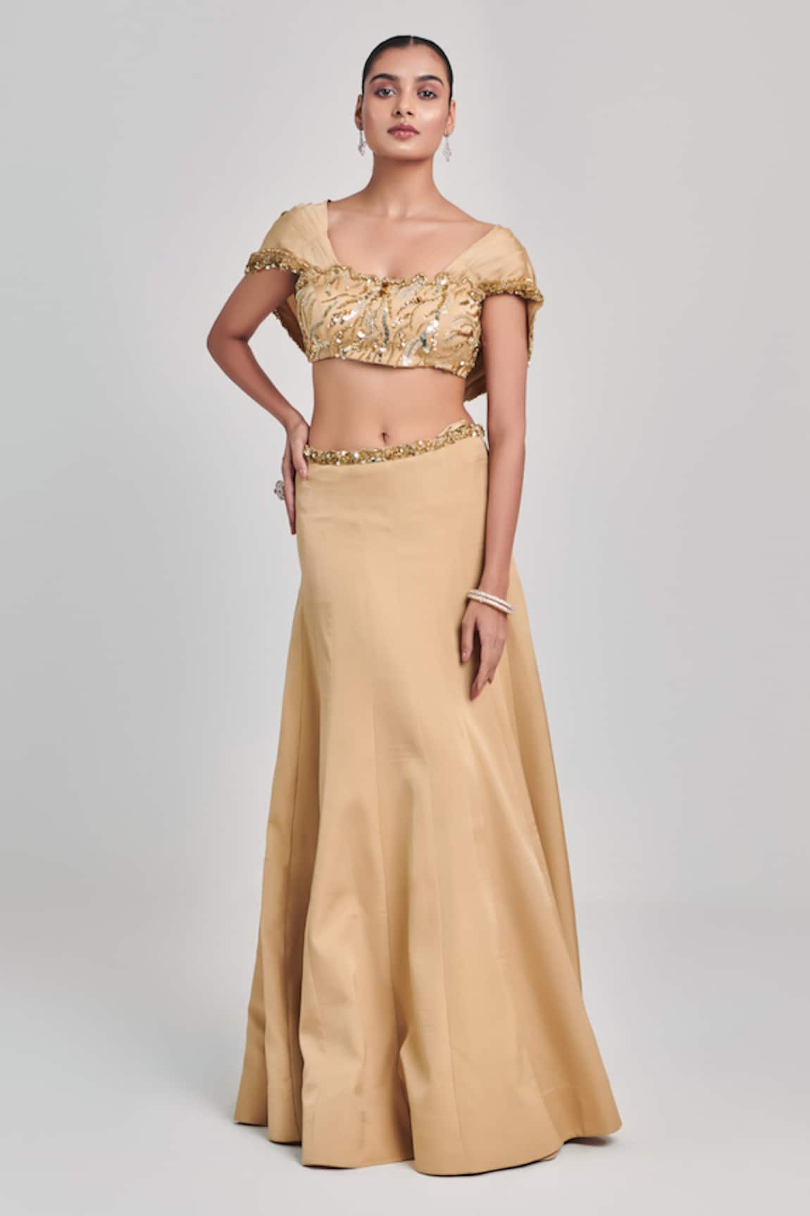 One Knot One Sequin Embroidered Draped Blouse With Skirt
