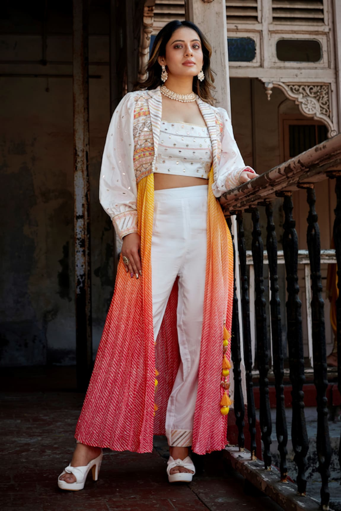 saangi by shubhangi Embroidered Pant Set & Leheriya Ombre Shrug