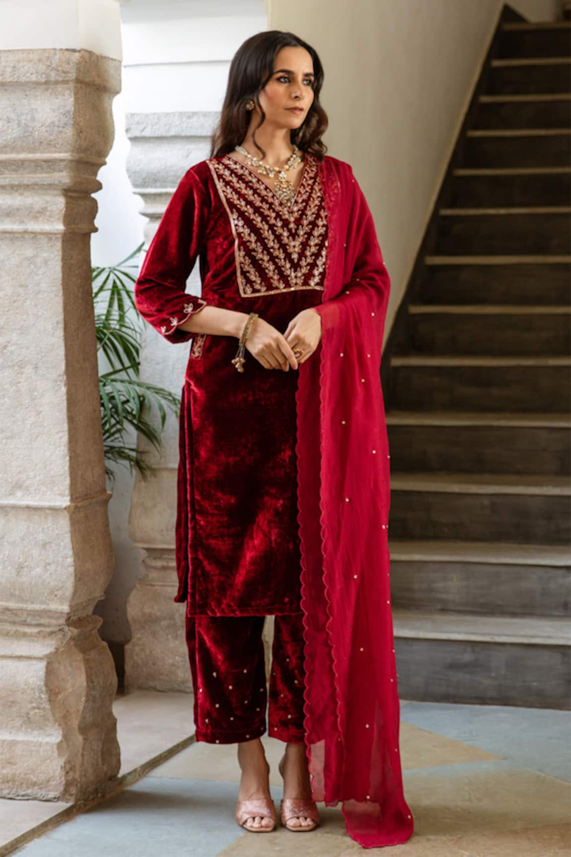 Maison Shefali Roya Gulaab Velvet Hand Embroidered Kurta Set