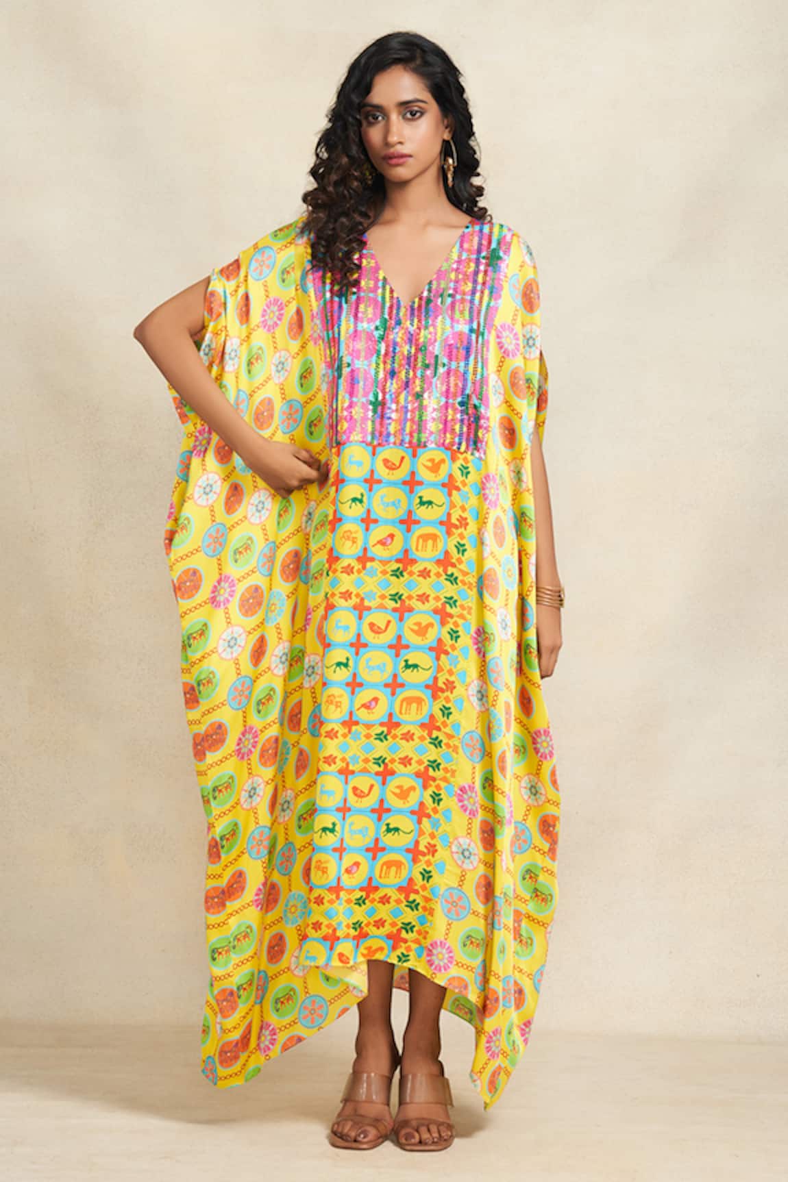 Gulabo by Abu Sandeep Printed Sequined Bodice Kaftan 