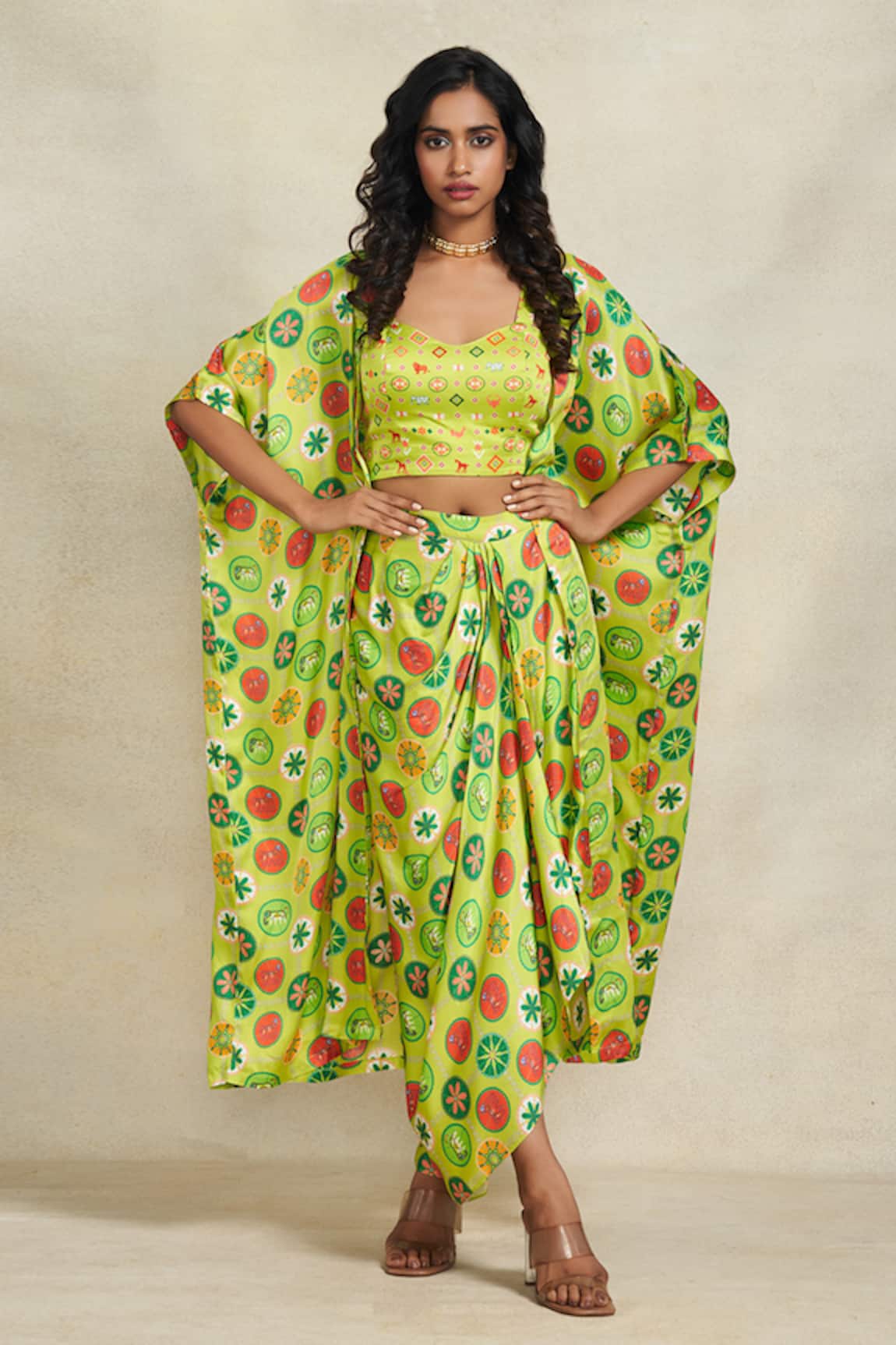 The Royaleum - Green Satin Printed Top And Sarong Skirt Set
