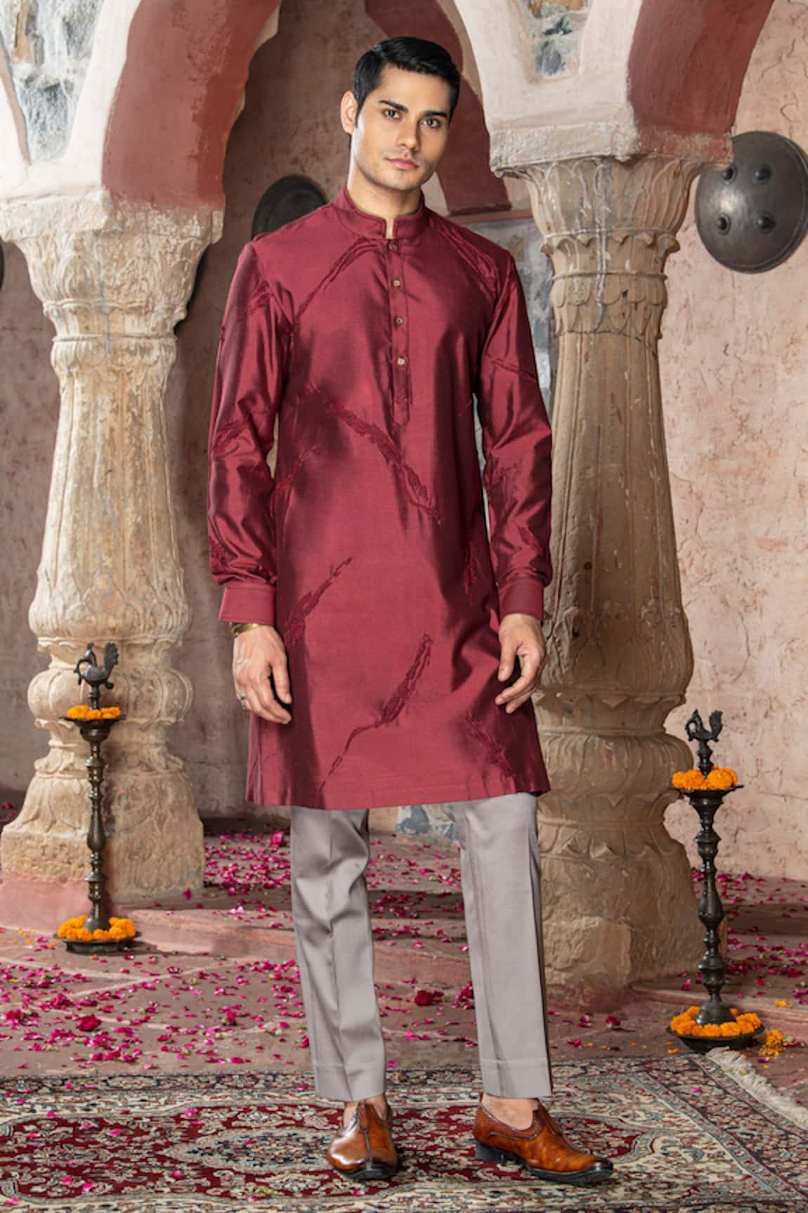 Abkasa Bordeaux Placement Embroidered Kurta With Pant