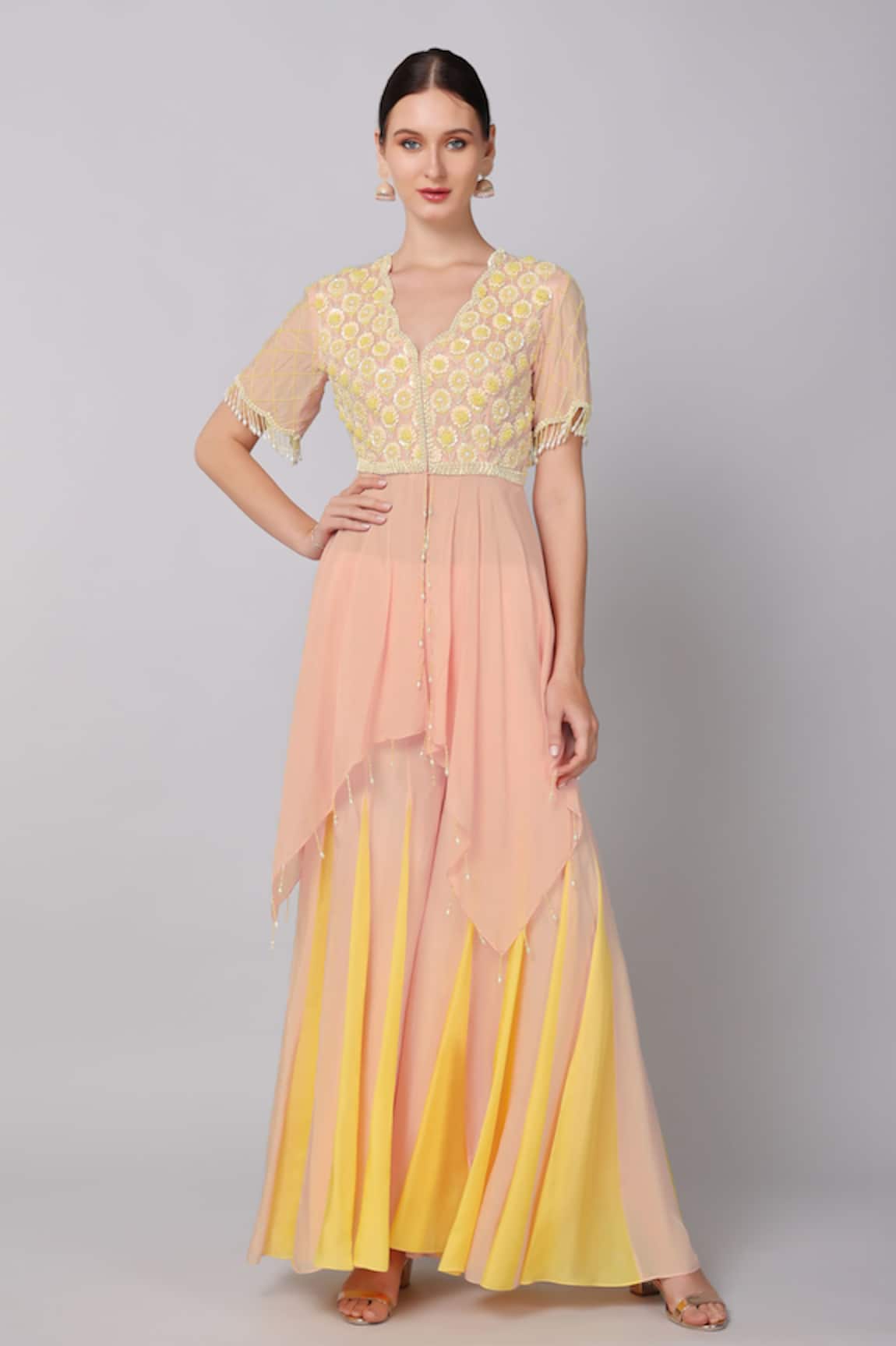 Keith Gomes Sequin Petunia Embroidered Yoke Asymmetric Tunic With Palazzo 
