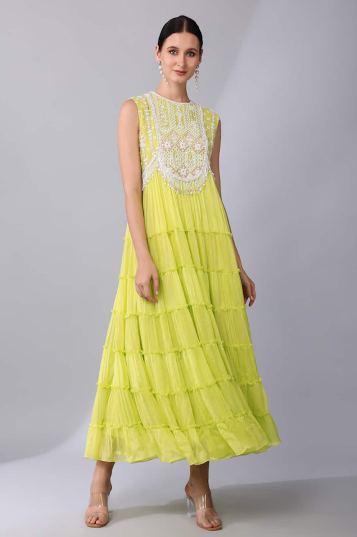 Keith Gomes Mughal Fleur Mirror Embroidered Tiered Ethnic Dress