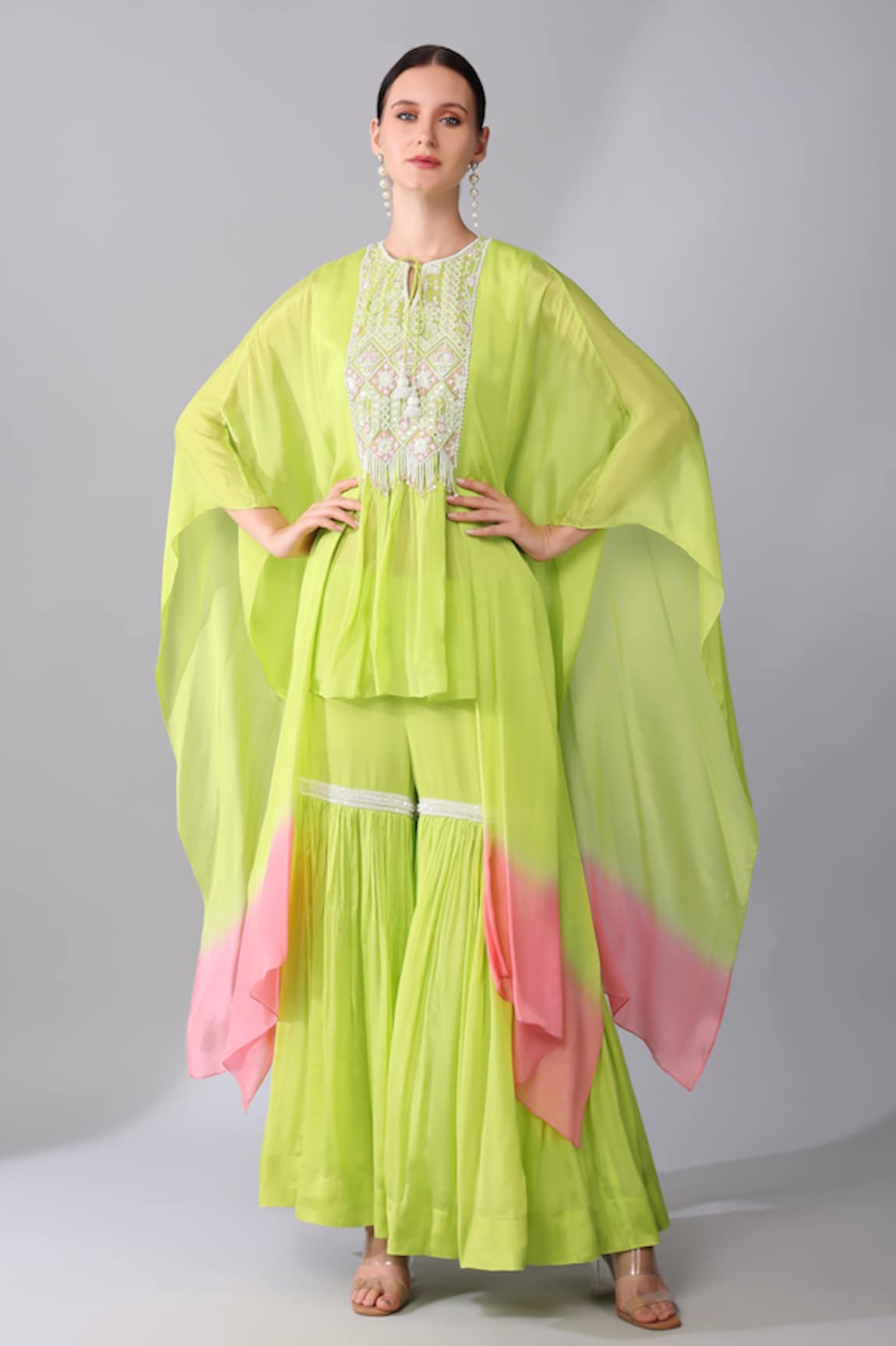 Keith Gomes French Fleur Mirror Yoke Embroidered Tunic With Sharara