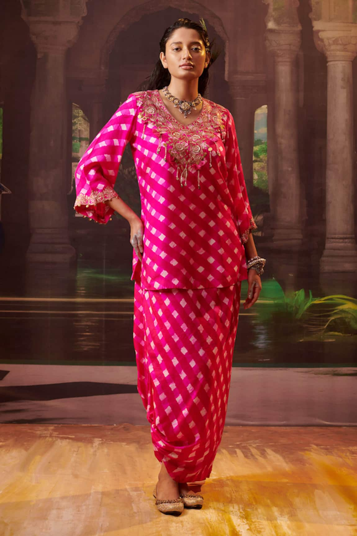 Pink City by Sarika Silk Leheriya Pattern Kurta With Draped Skirt