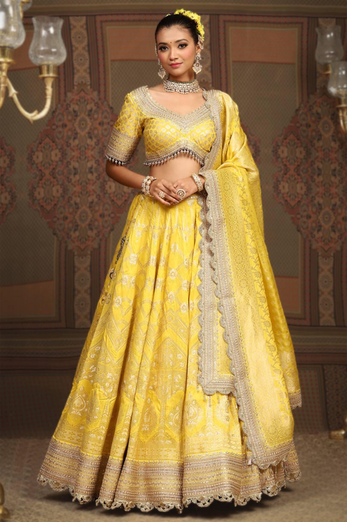 SHIKHAR SHARMA Checkered Banarasi Woven Bridal Lehenga Set 