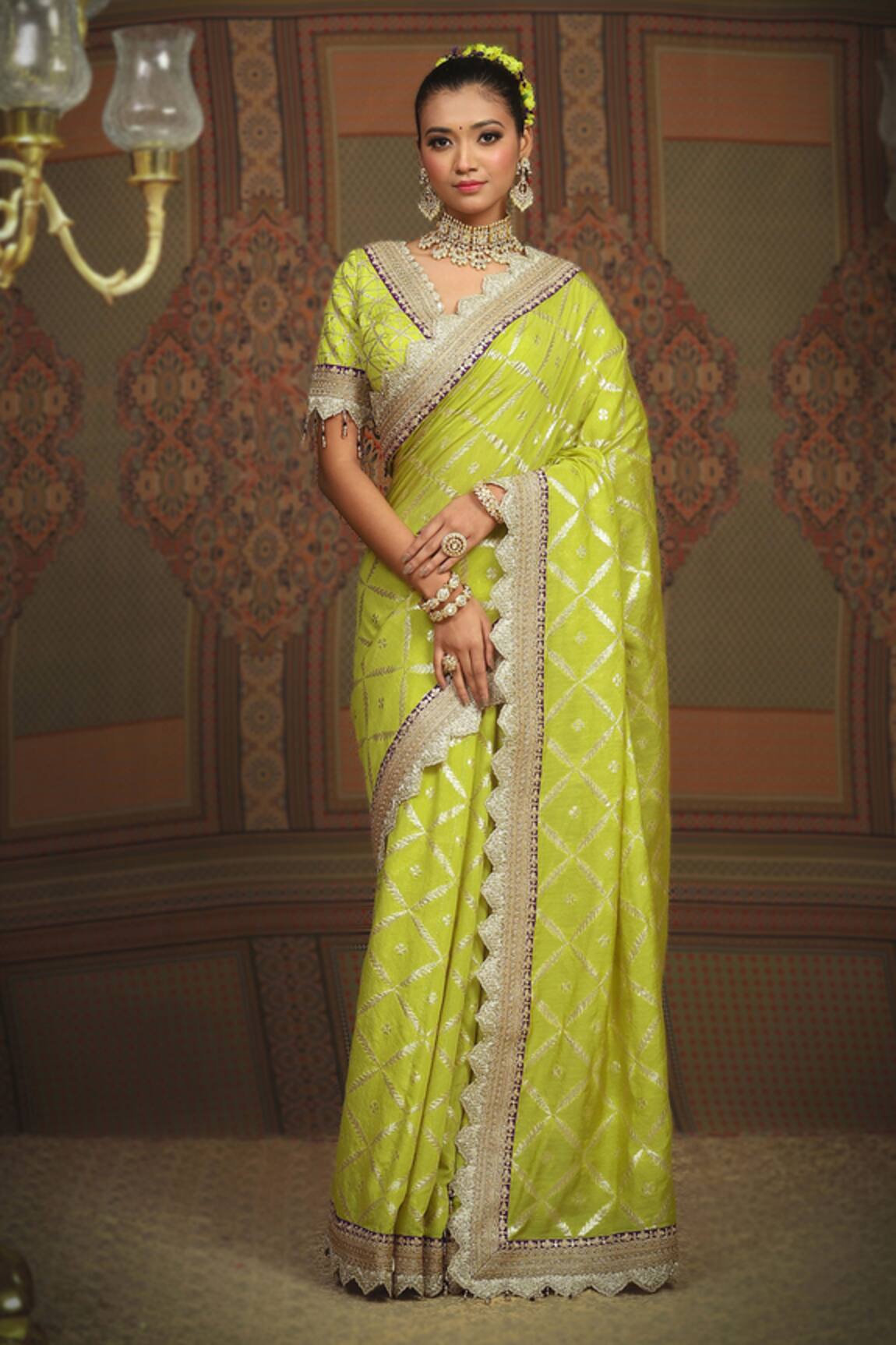 SHIKHAR SHARMA Chanderi Floral Jaal Pattern Saree With Blouse 