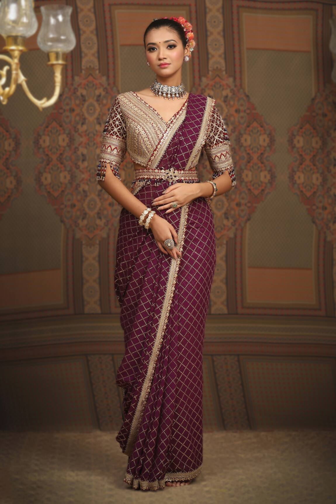SHIKHAR SHARMA Checkered Badla Embroidered Saree With Blouse 