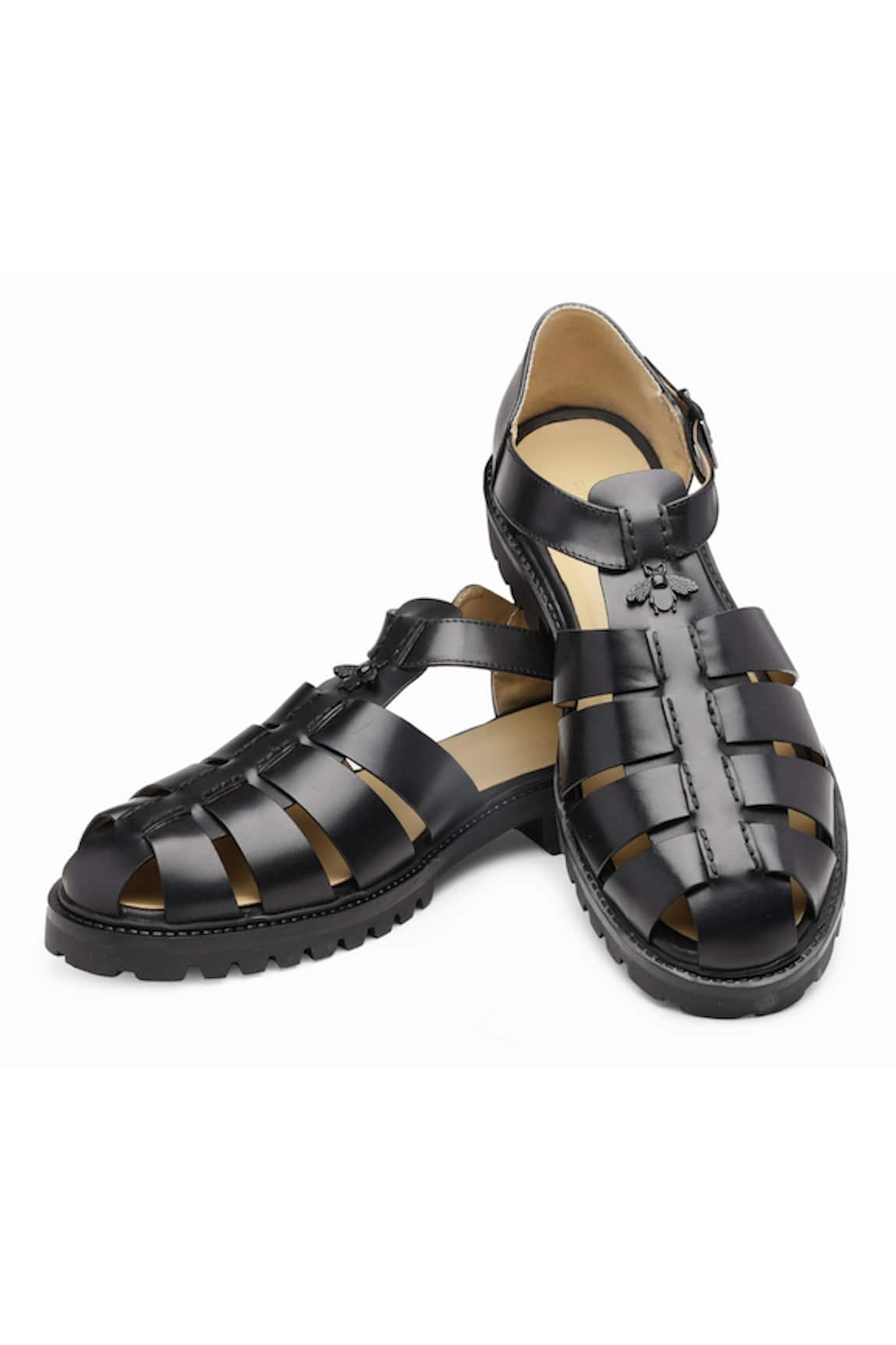 SHUTIQ Jorge Metal Bee Embellished Ribbed Sandals