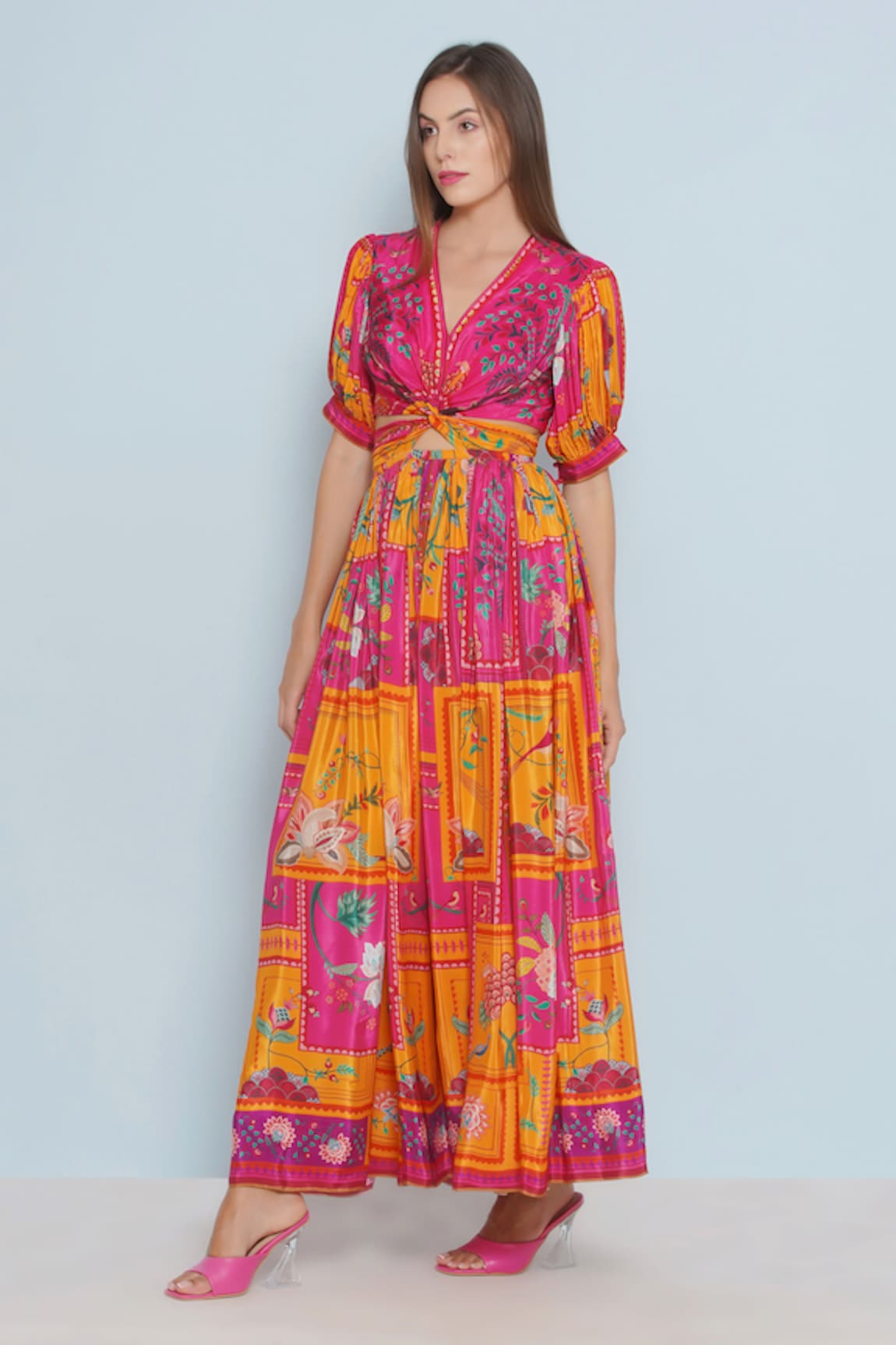 Limerick by Abirr N' Nanki Sienna Plumeria Print Twisted Knot Maxi Dress