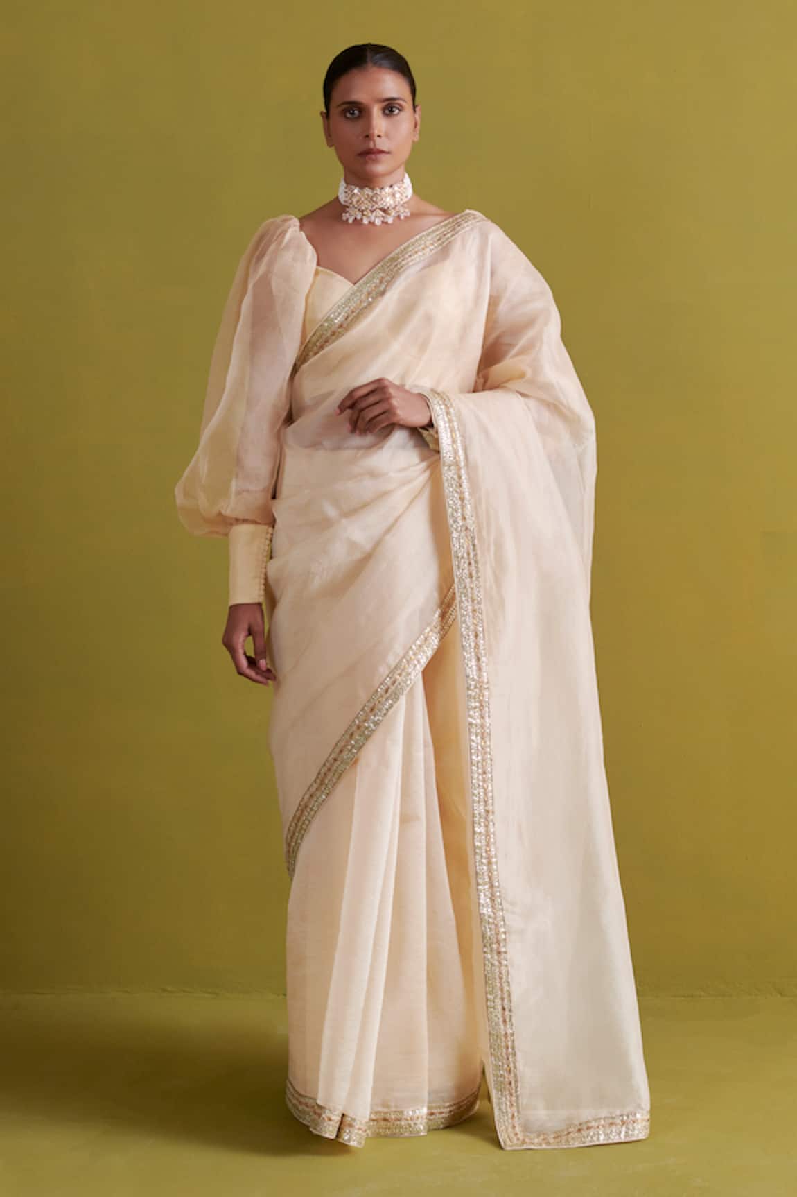 Aarti Sethia Studio Gota Patti Embellished Border Saree Blouse Set