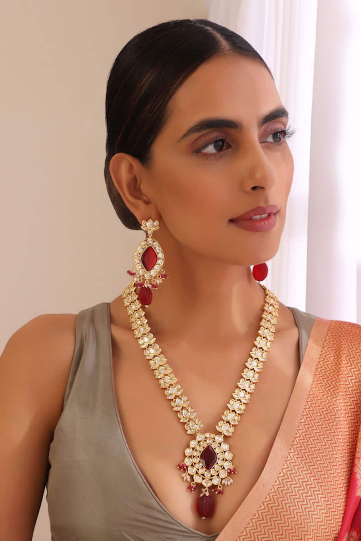 Swabhimann Lotus Moissani Polki Long Necklace Set