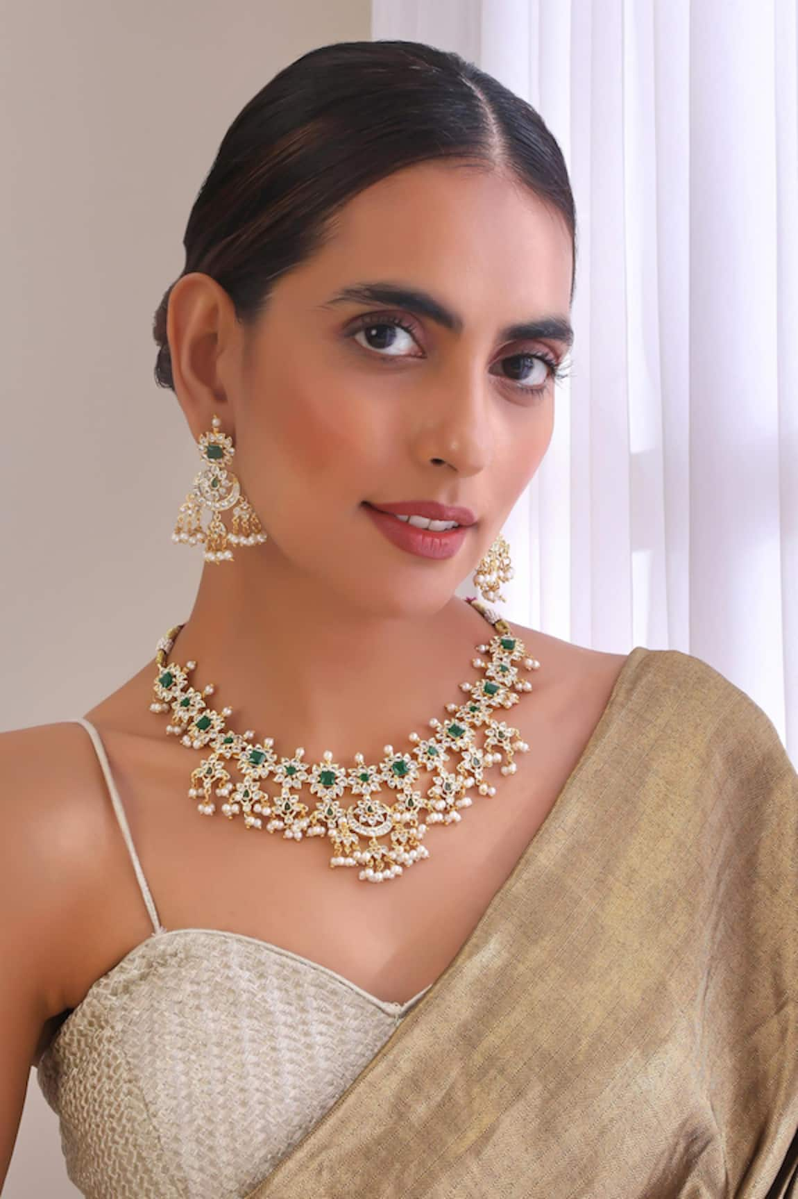 SWABHIMANN Crescent Emerald & Kundan Embellished Necklace Set