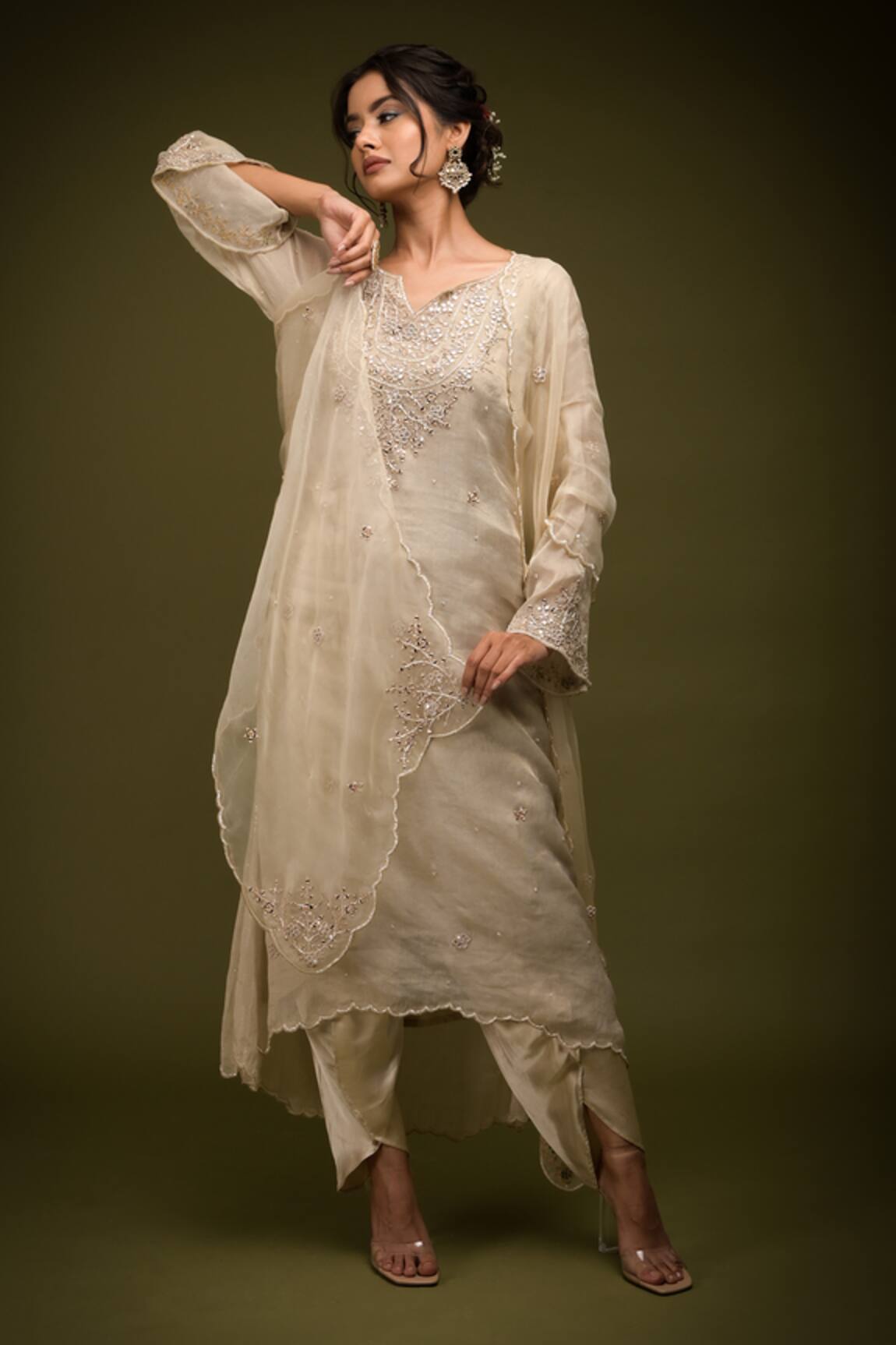 Farha Syed Cutdana Embroidered Floral Kurta Dhoti Pant Set