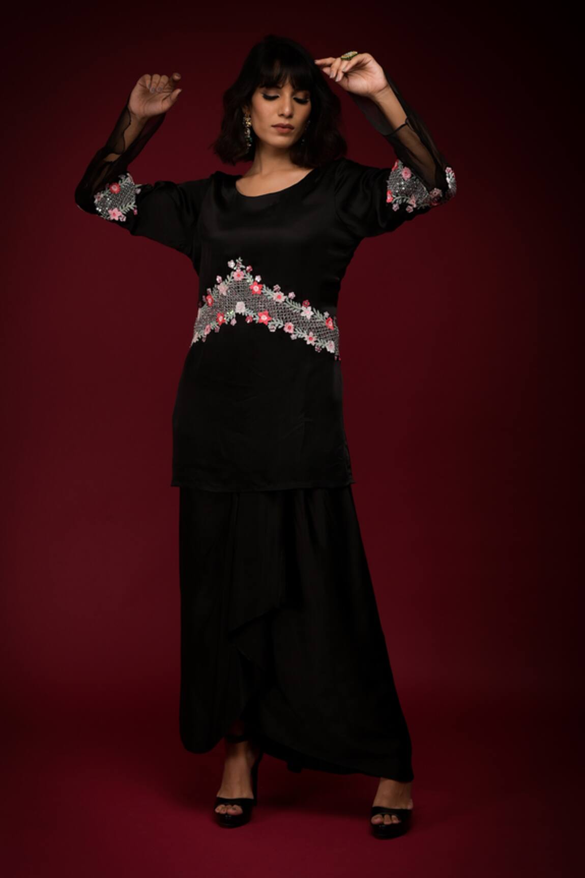 Farha Syed Thread Floral Embroidered Placement Kurta With Skirt