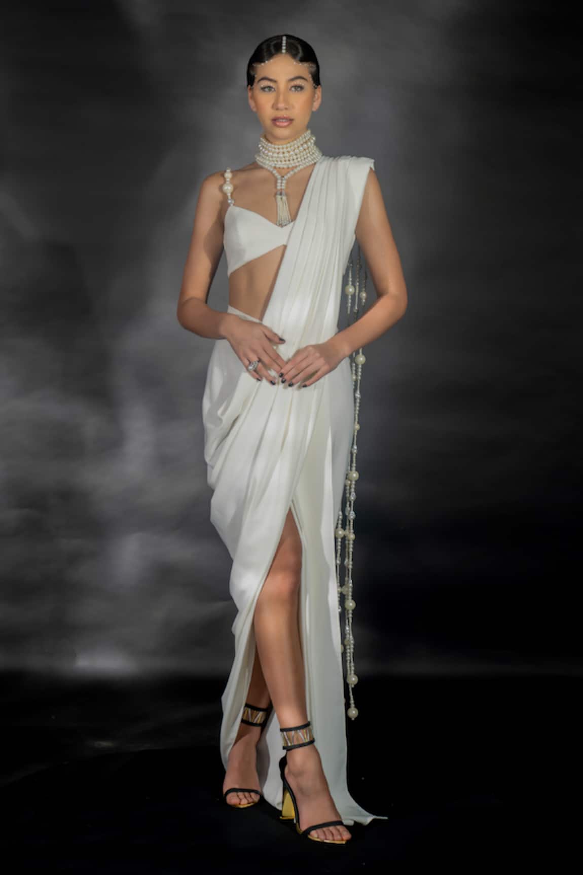 Nikhil Thampi Pearl Tassel Embellished Pre-Draped Saree With Blouse