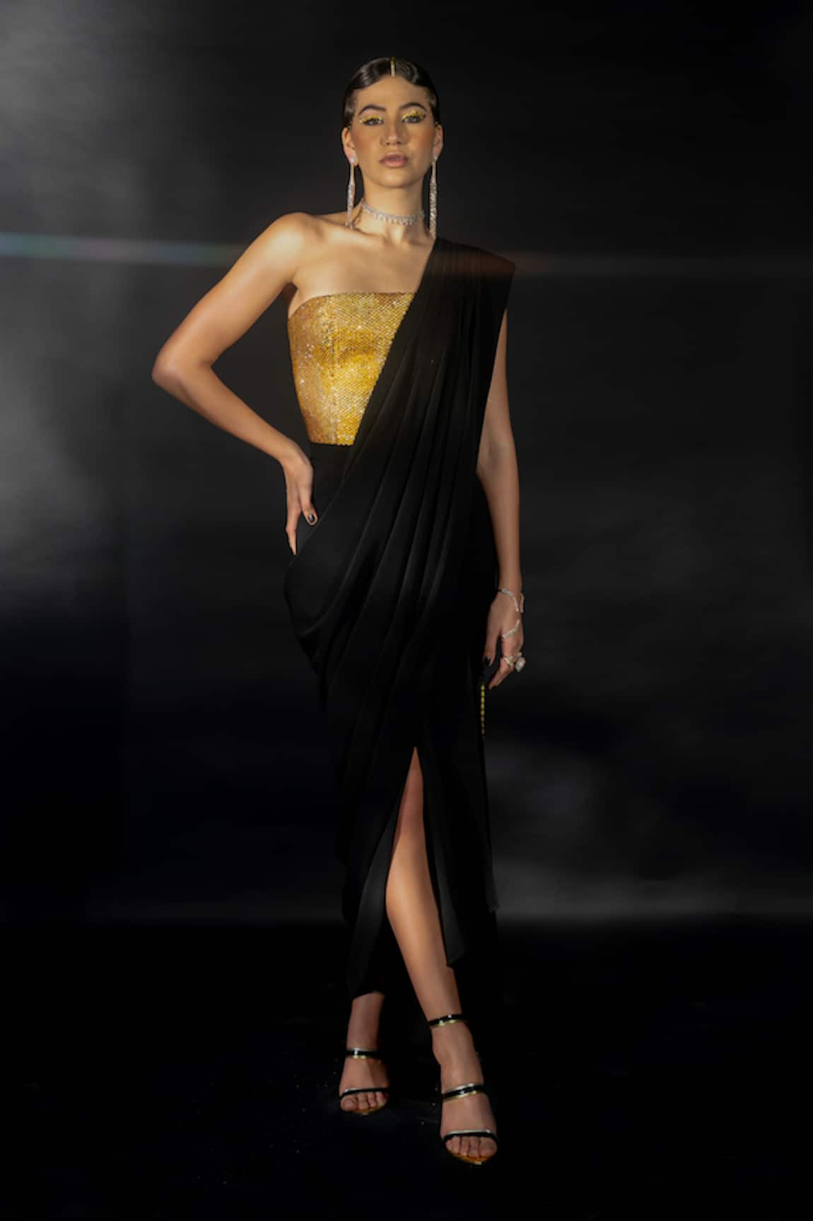 Nikhil Thampi Rhinestone Tassel Pallu Pre-Draped Saree With Corset