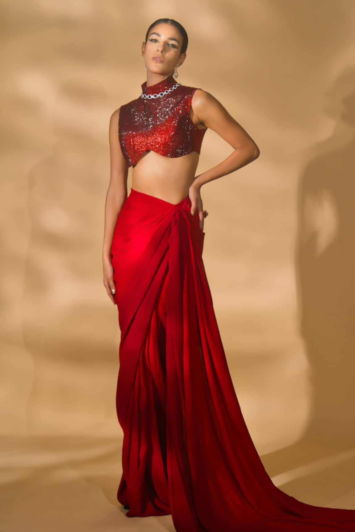 Nikhil Thampi Pre-Draped Solid Saree With Embellished Blouse