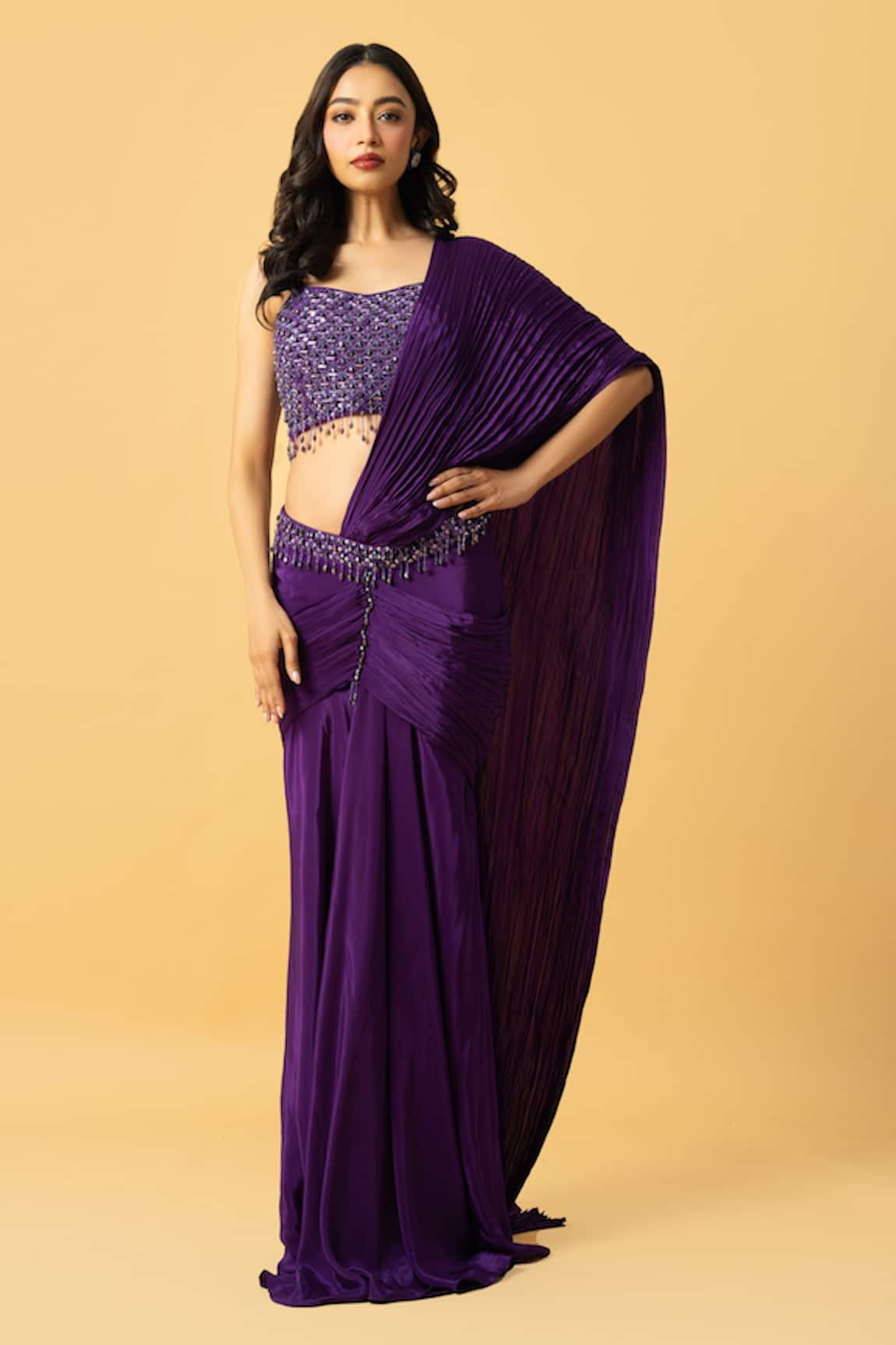 Quench A Thirst Bead Embroidered Pre-Draped Saree With Blouse