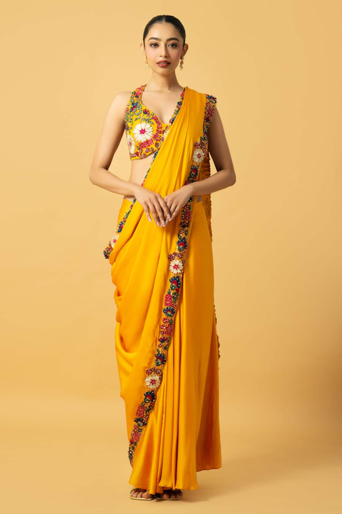 Quench A Thirst Floral Thread Embroidered Pre-Draped Saree With Blouse