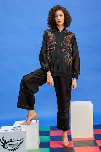 Shilpi Gupta Bead Floral Embroidered Bomber Jacket 