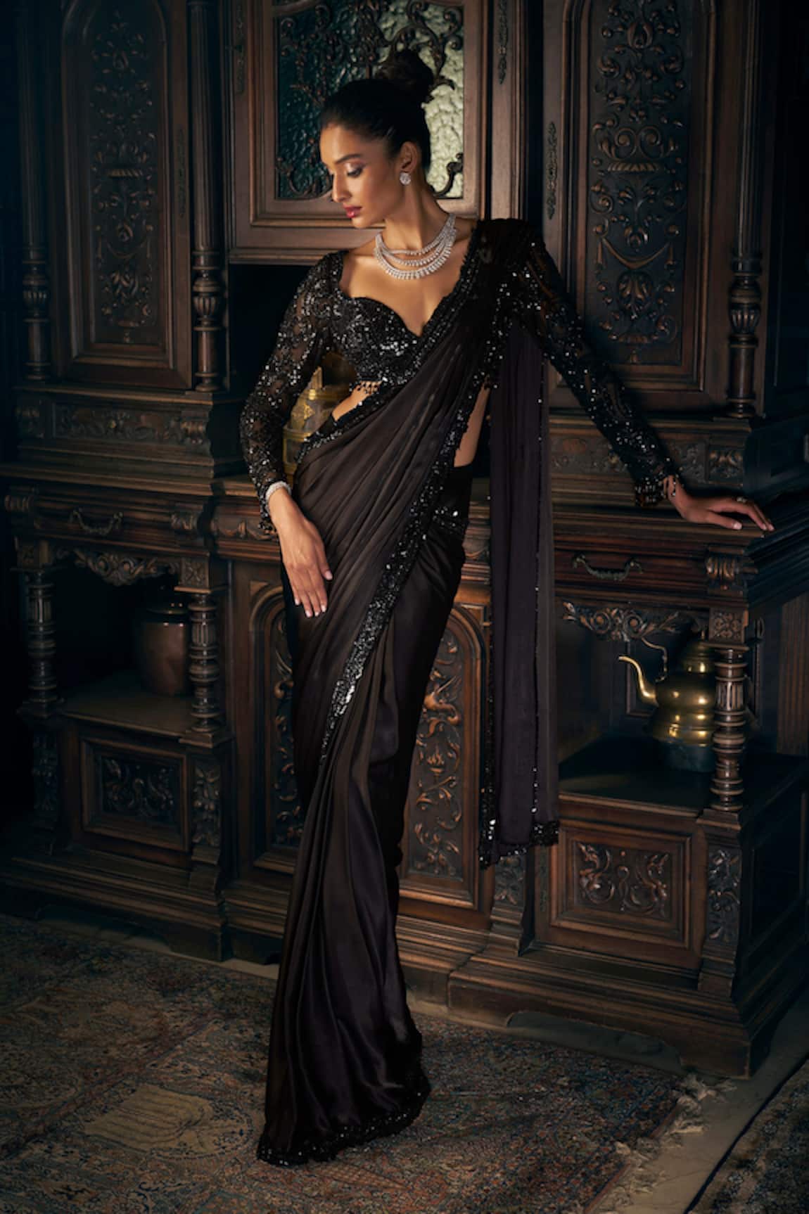 Seema Gujral Pre-Draped Saree With Embroidered Net Blouse