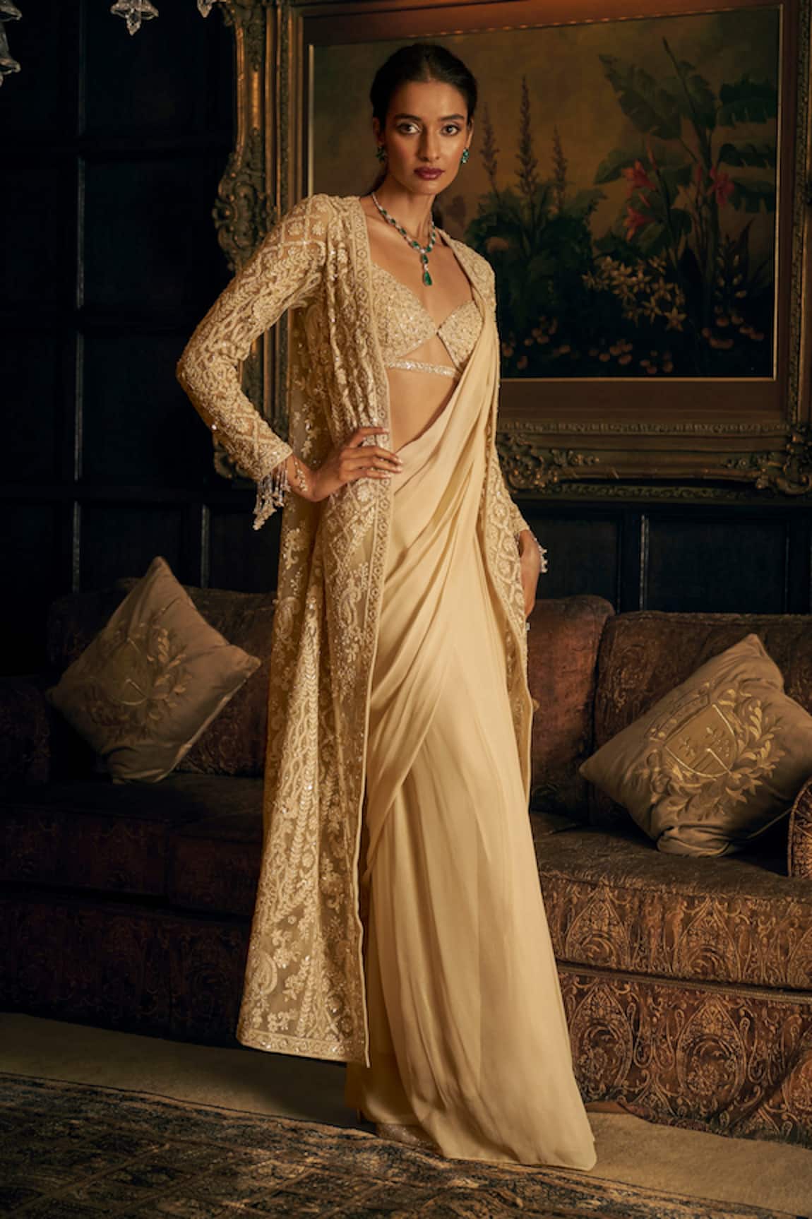Seema Gujral Pre-Draped Saree Set With Embroidered Jacket