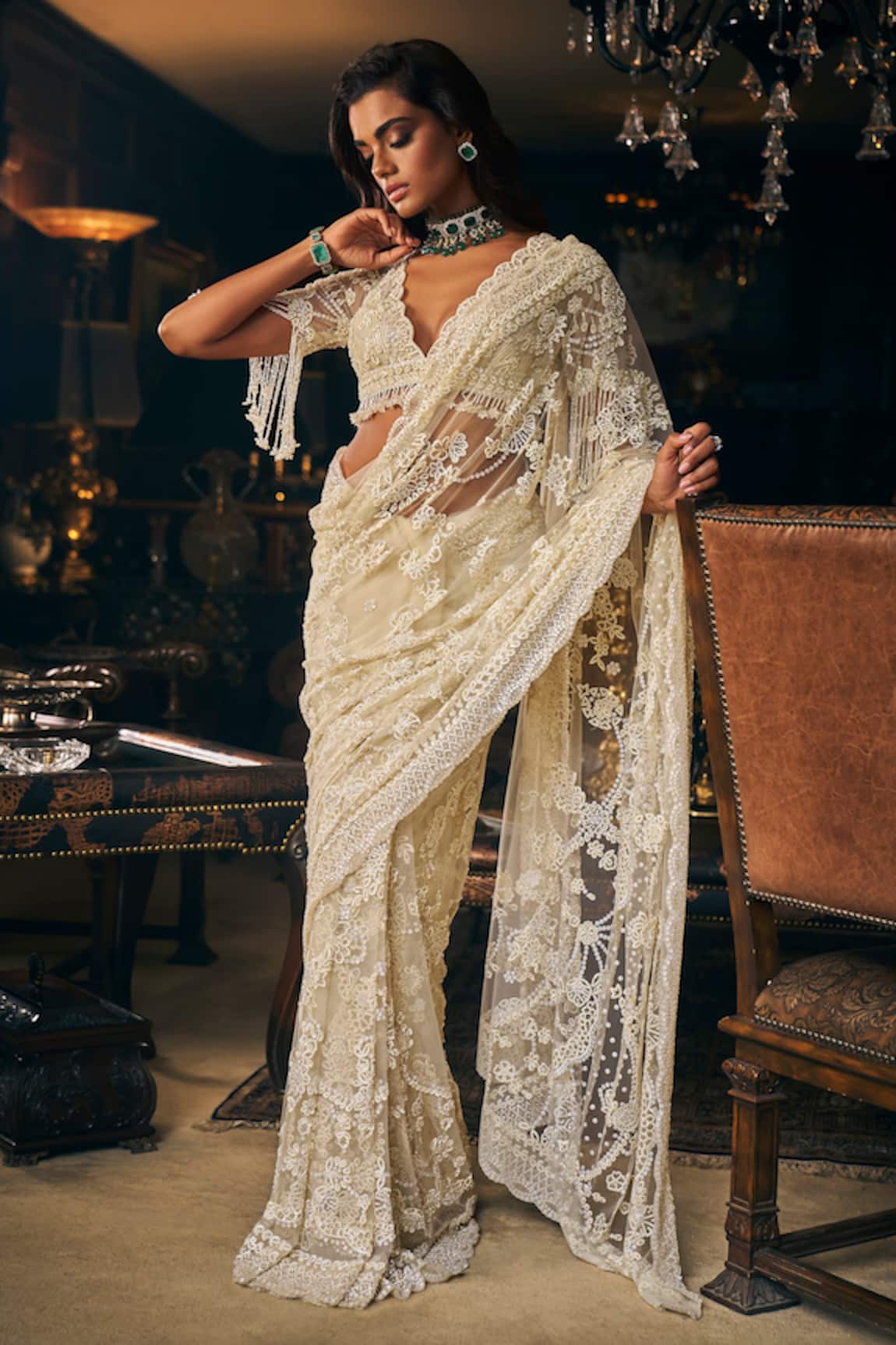 Seema Gujral Sequin Floral Embroidered Saree With Blouse