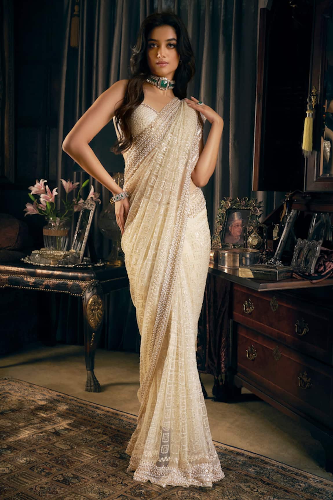 Seema Gujral Geometric Sequin Embroidered Saree With Blouse