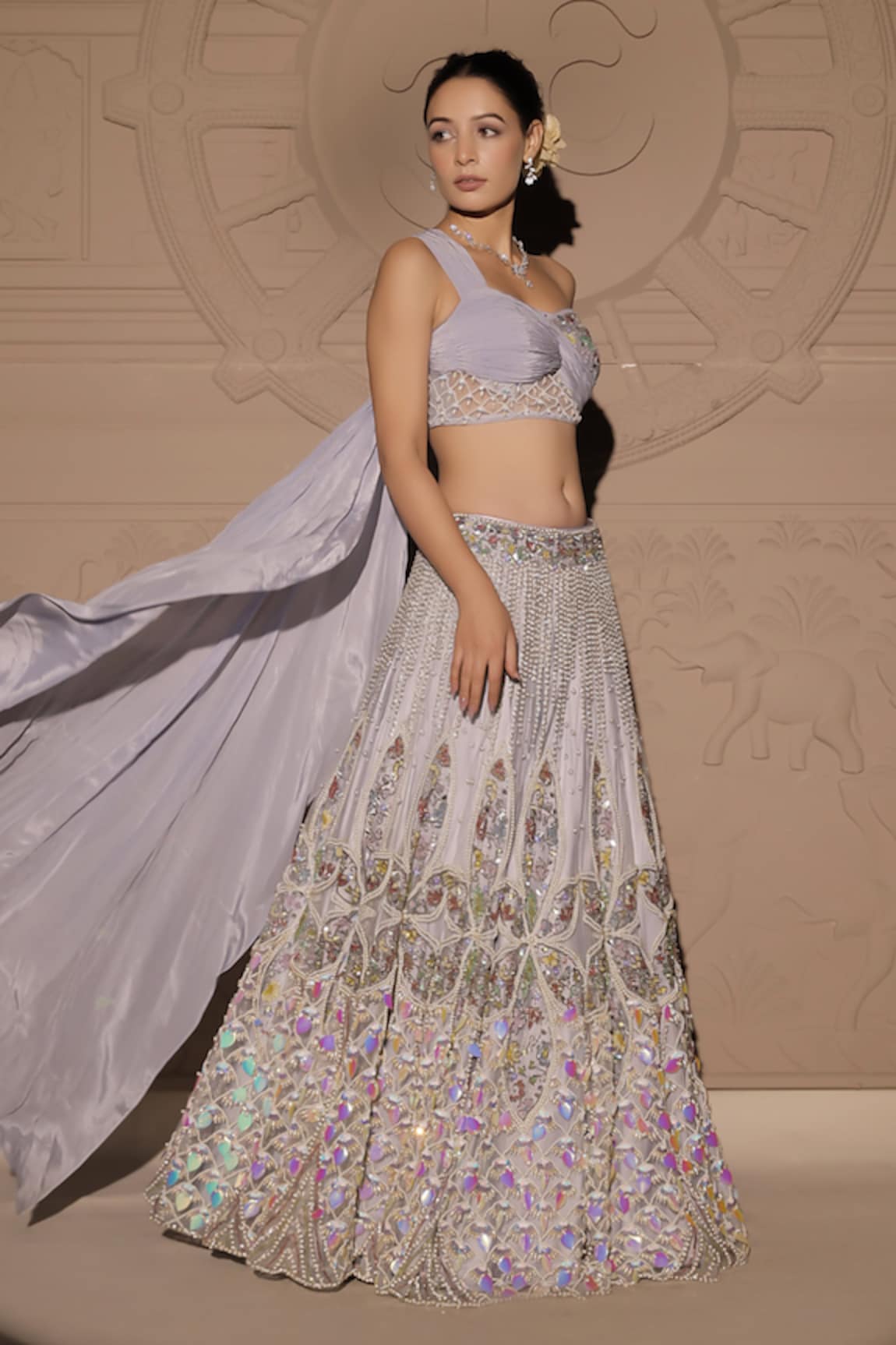 Jubinav Chadha Periwinkle Sequin Fleur Embellished Lehenga With Draped Bustier