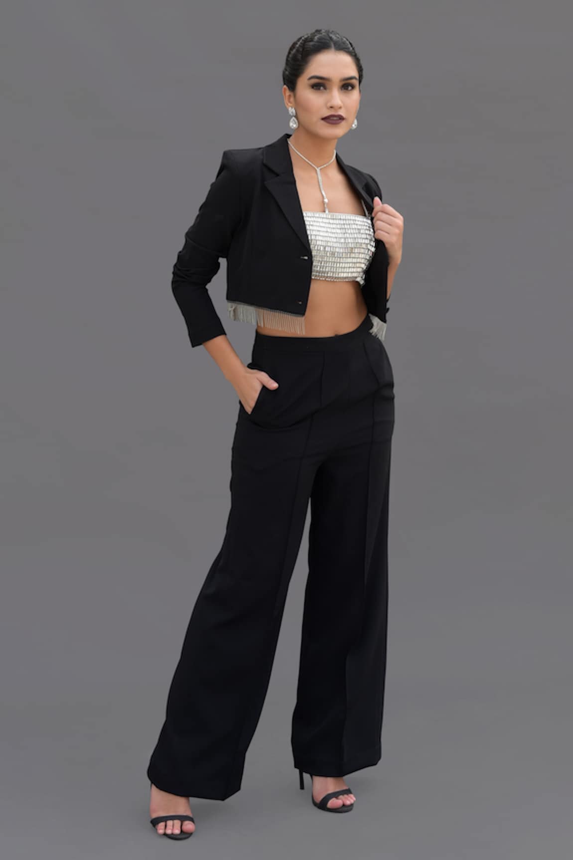 Talking Threads Solid Short Blazer Pant Set