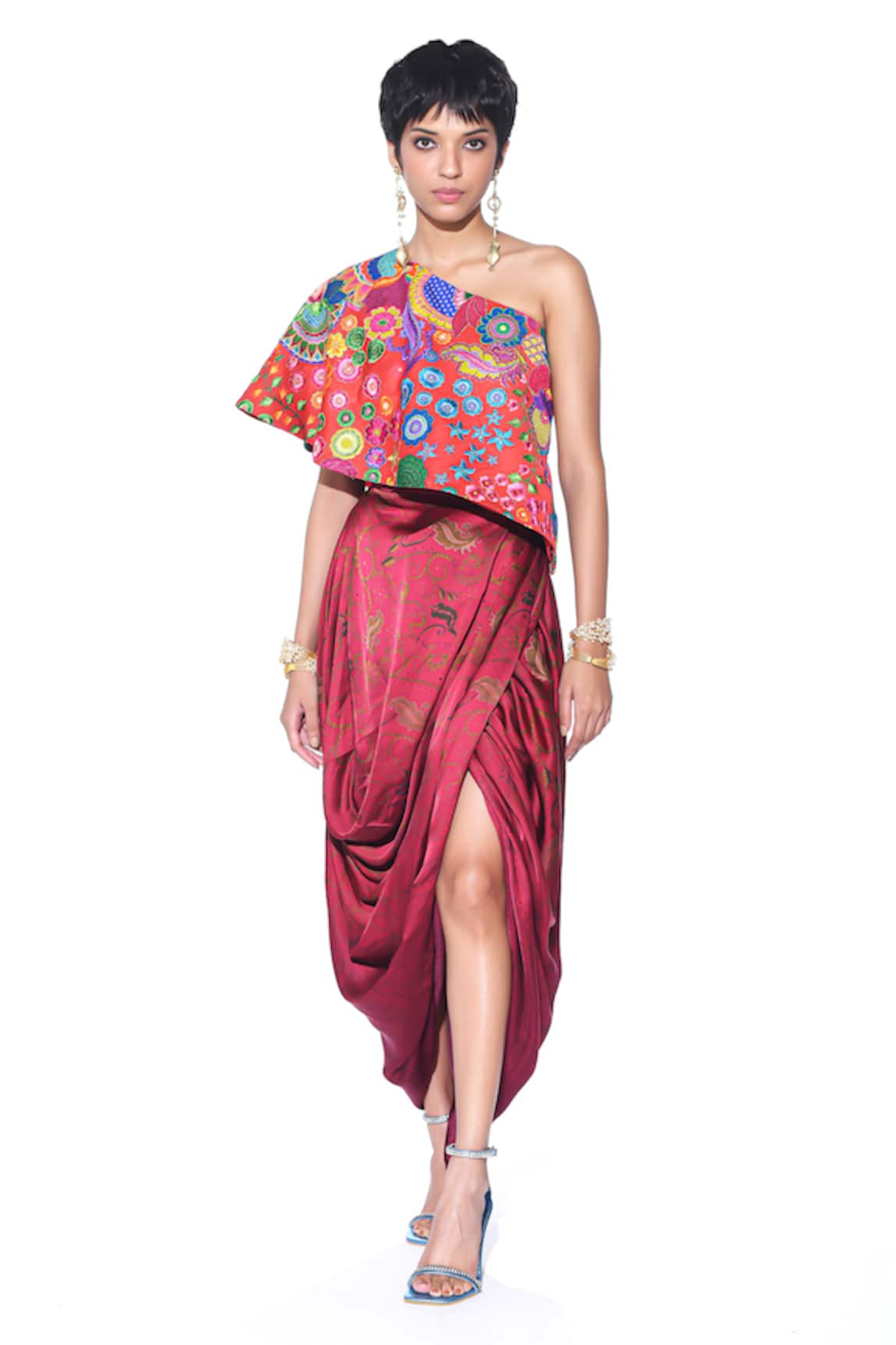 Siddhartha Bansal Embroidered One-Shoulder Top & Skirt Set 