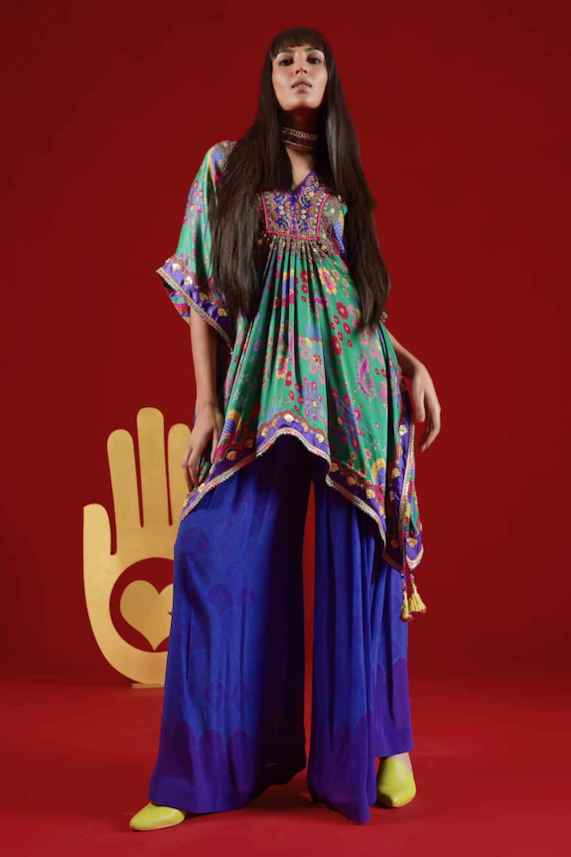 Siddhartha Bansal Paisley Print Embroidered Kaftan Top & Palazzo Set 