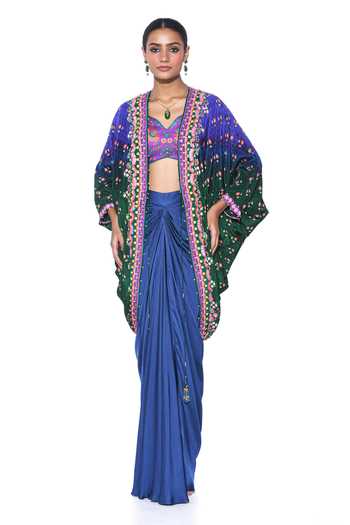 Siddhartha Bansal Baroque Bloom Print Hand Embroidered Shrug Draped Skirt Set 