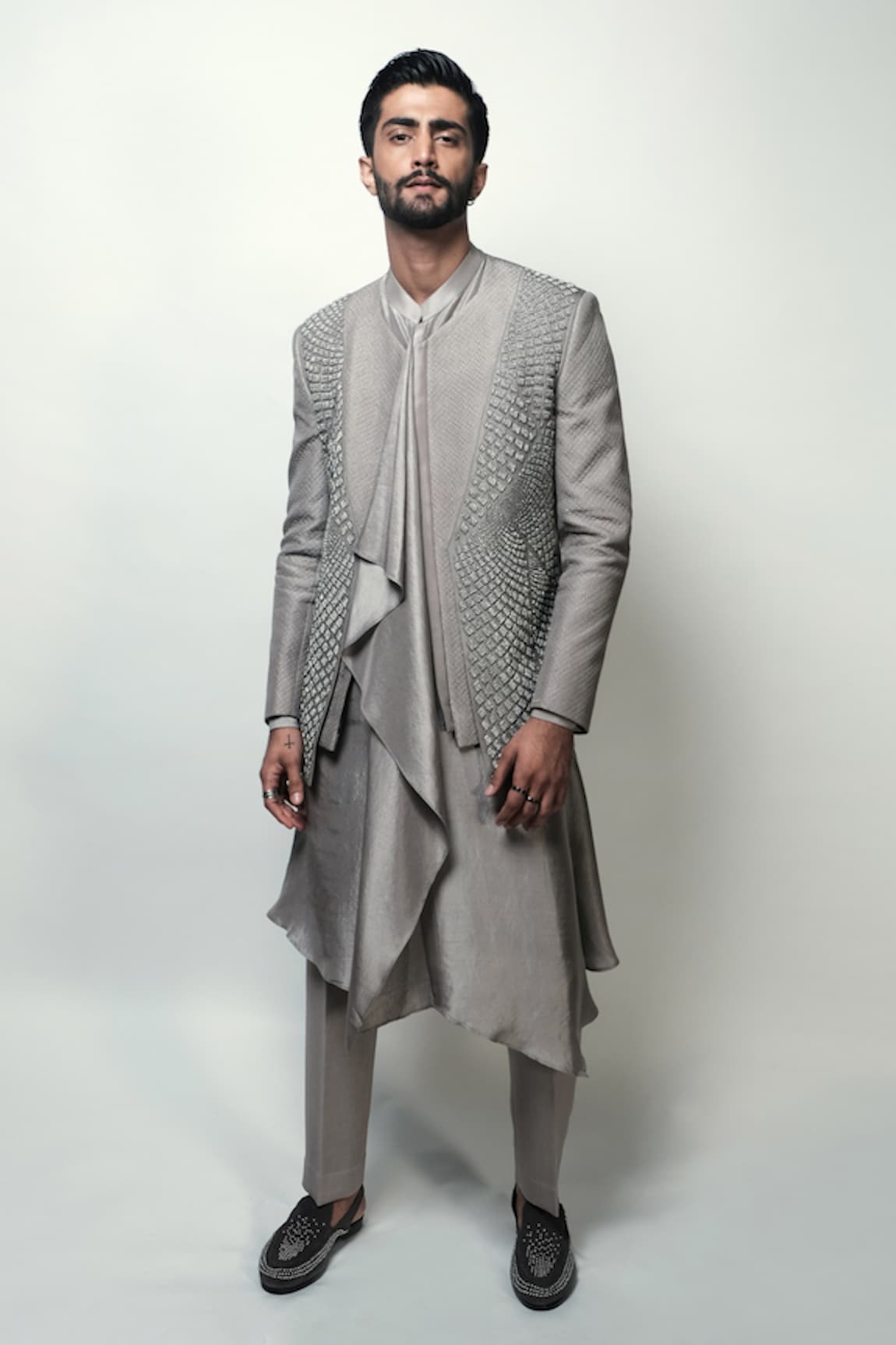 Rohit Gandhi + Rahul Khanna Ashlar Draped Kurta & Pyjama Set