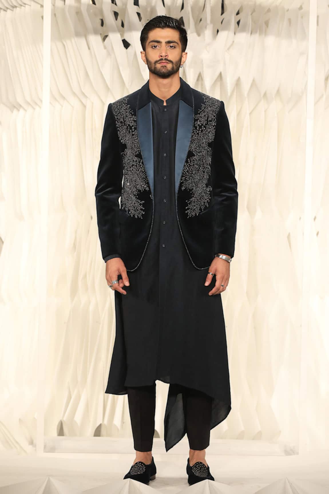 Rohit Gandhi + Rahul Khanna Imperial Teal Paneled Asymmetric Kurta Set 