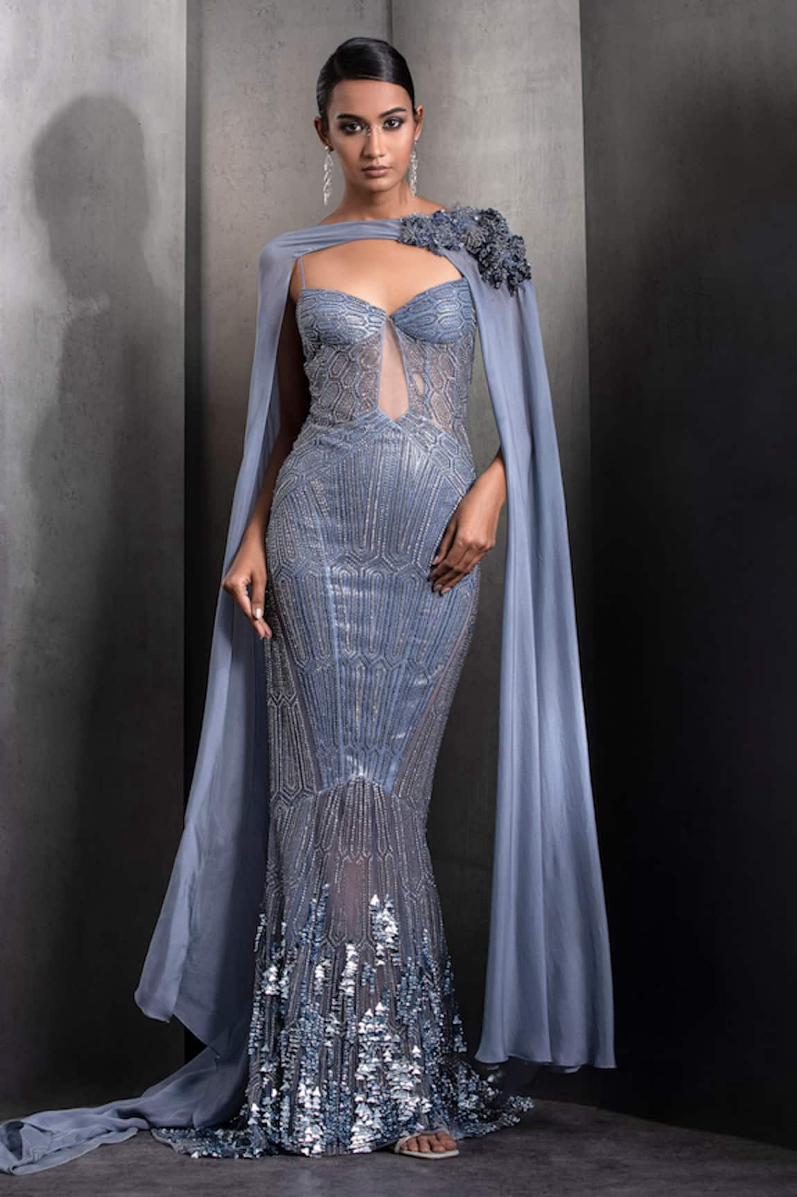 Rohit Gandhi + Rahul Khanna Crystal Embroidered Mermaid Trail Gown With Cape