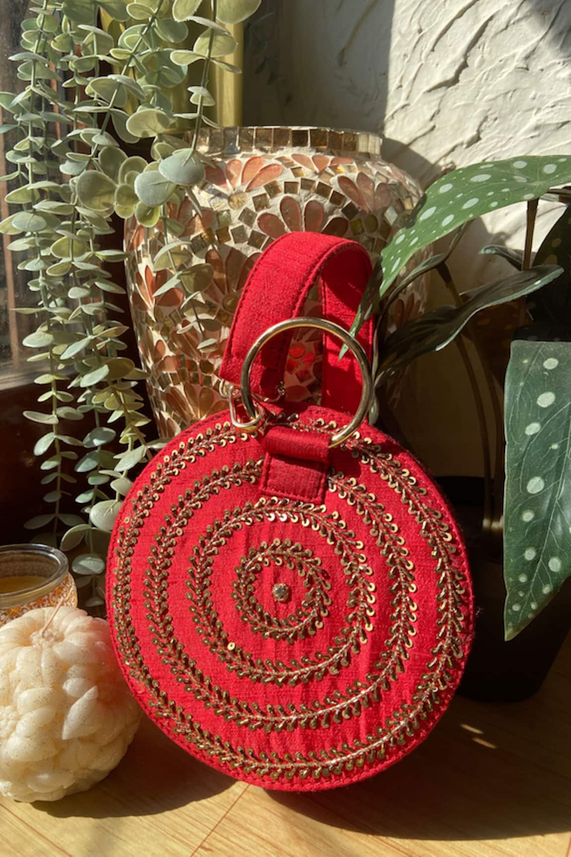 Priti Sahni Bulls Eye Embroidered Round Bag