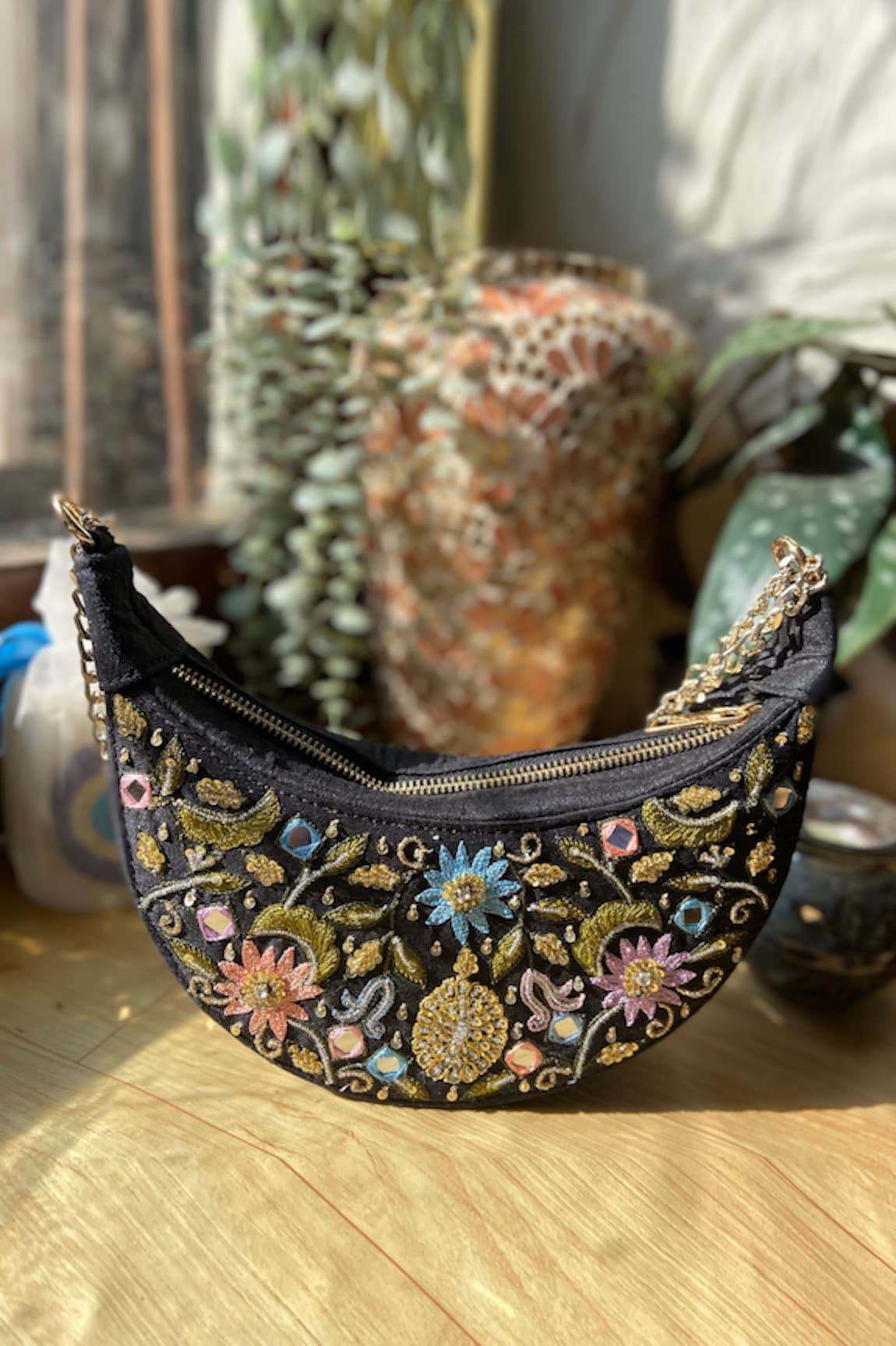 Priti Sahni Crescent Garden Embroidered Shoulder Bag