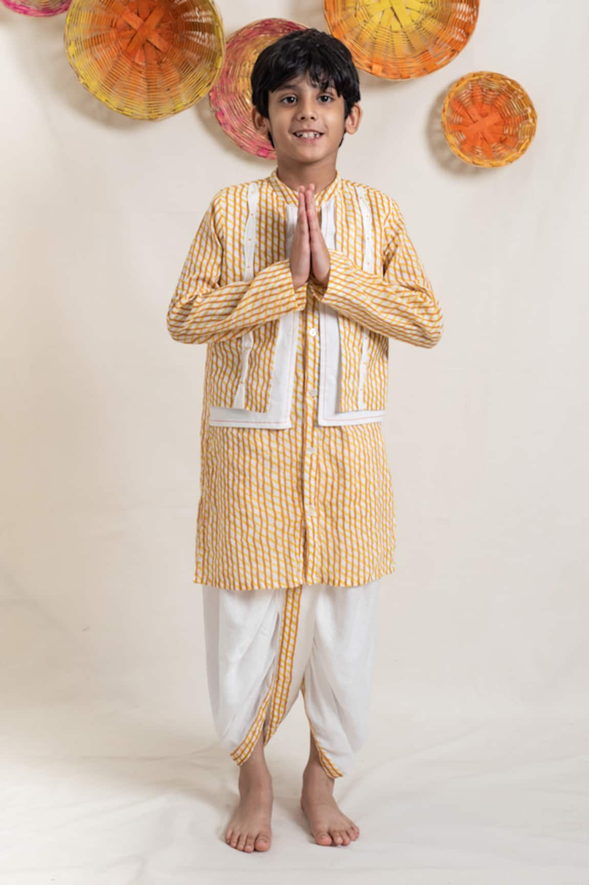 PlumCheeks Utsav Cotton Stripe Print Jacket Kurta & Dhoti Pant Set