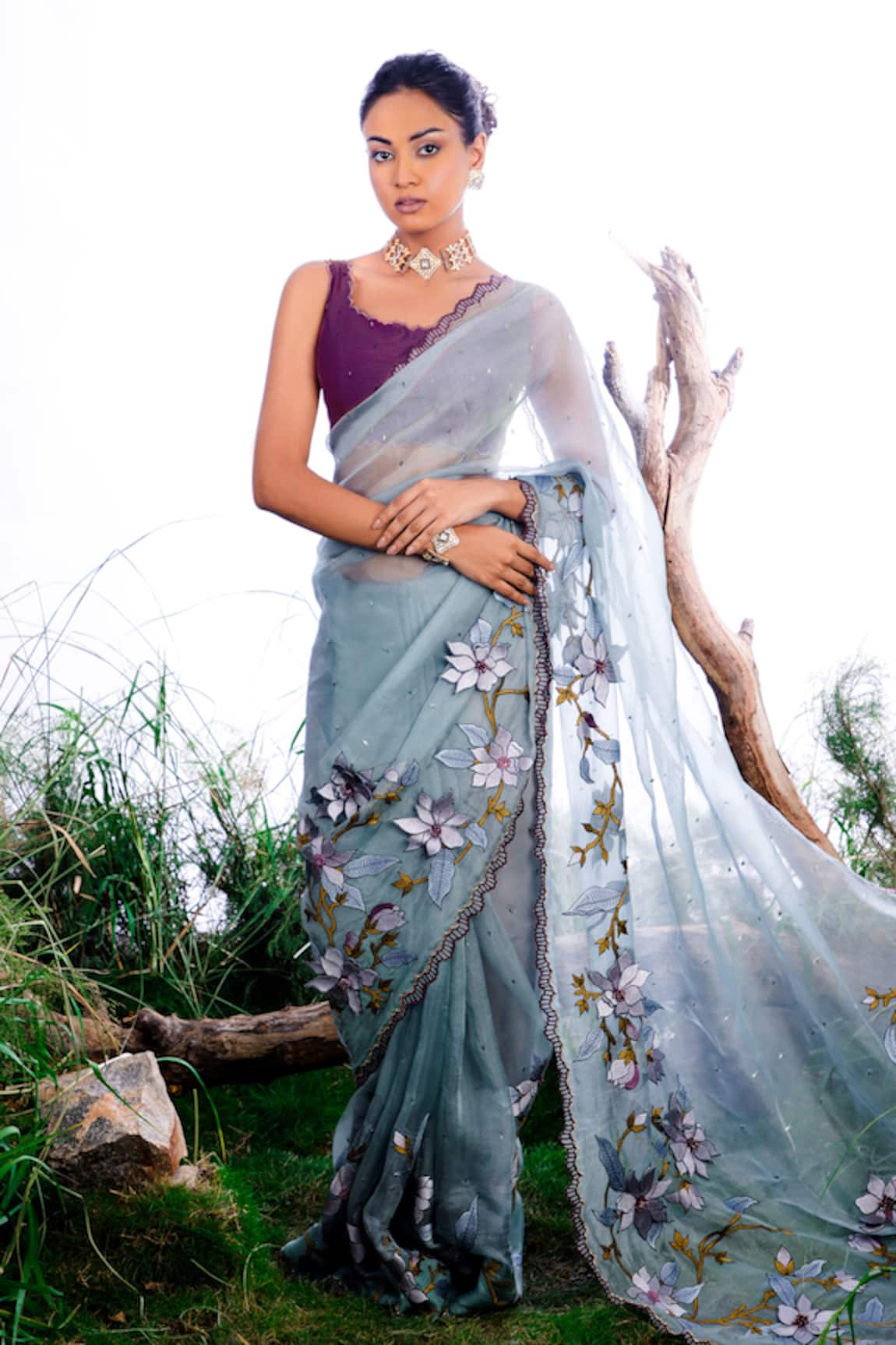 OMANA BY RANJANA BOTHRA Lily 3D Flower Embroidered Saree With Blouse