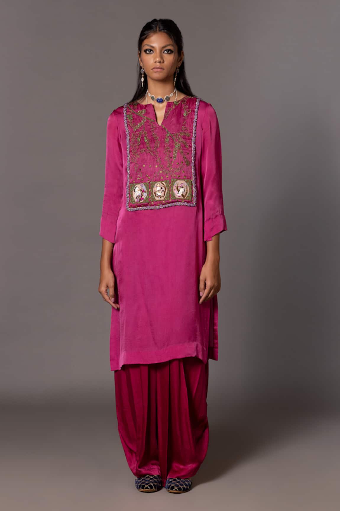 A Humming Way Iris Bird Embroidered Kurta With Dhoti Pant