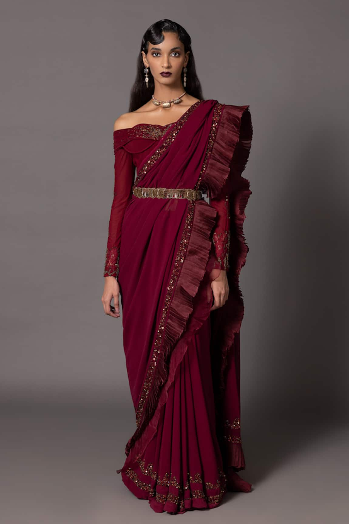 A Humming Way Sequin Embroidered Border Pre-Draped Ruffle Saree Set