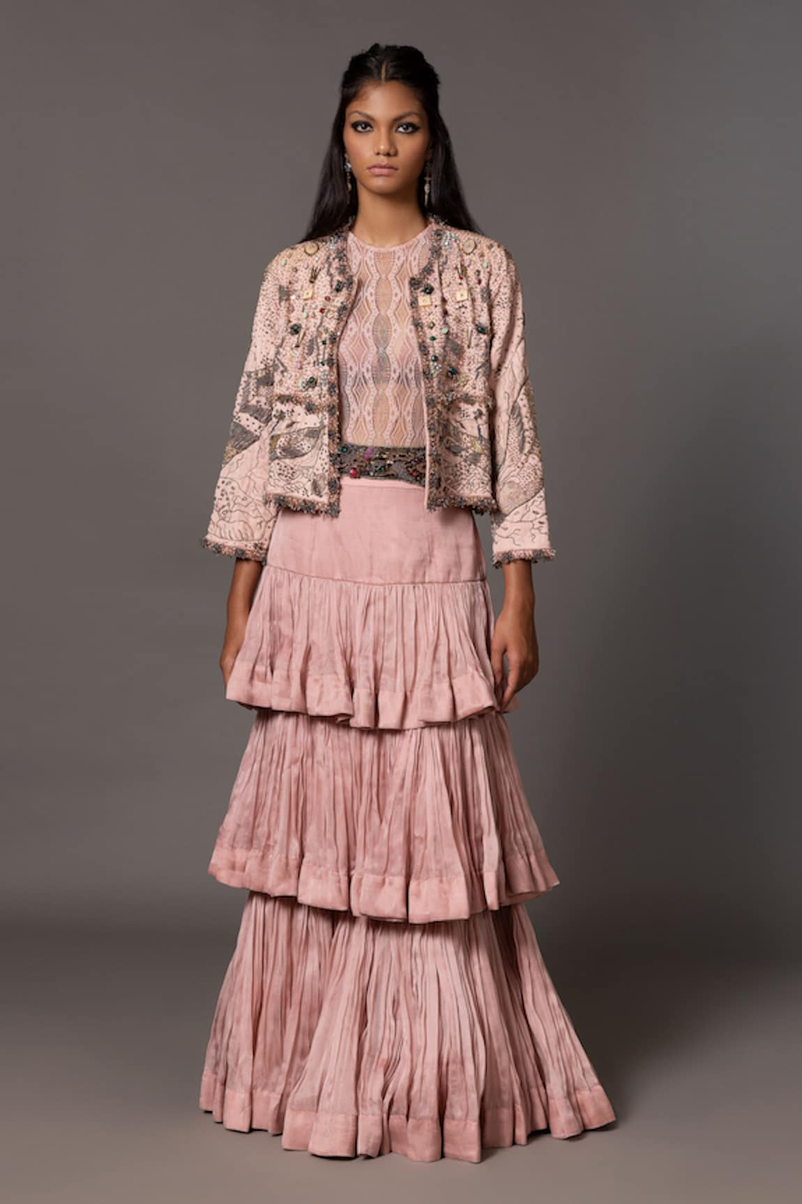 A Humming Way Sang-e-Sitara Crystal Embroidered Jacket Tiered Skirt Set